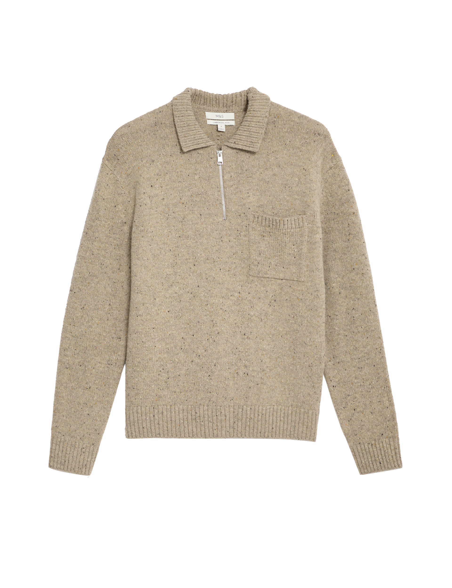 M&S Collection Men's Relaxed Fit Wool Rich Half Zip Knitted Polo Shirt - XLREG - Neutral, Neutral