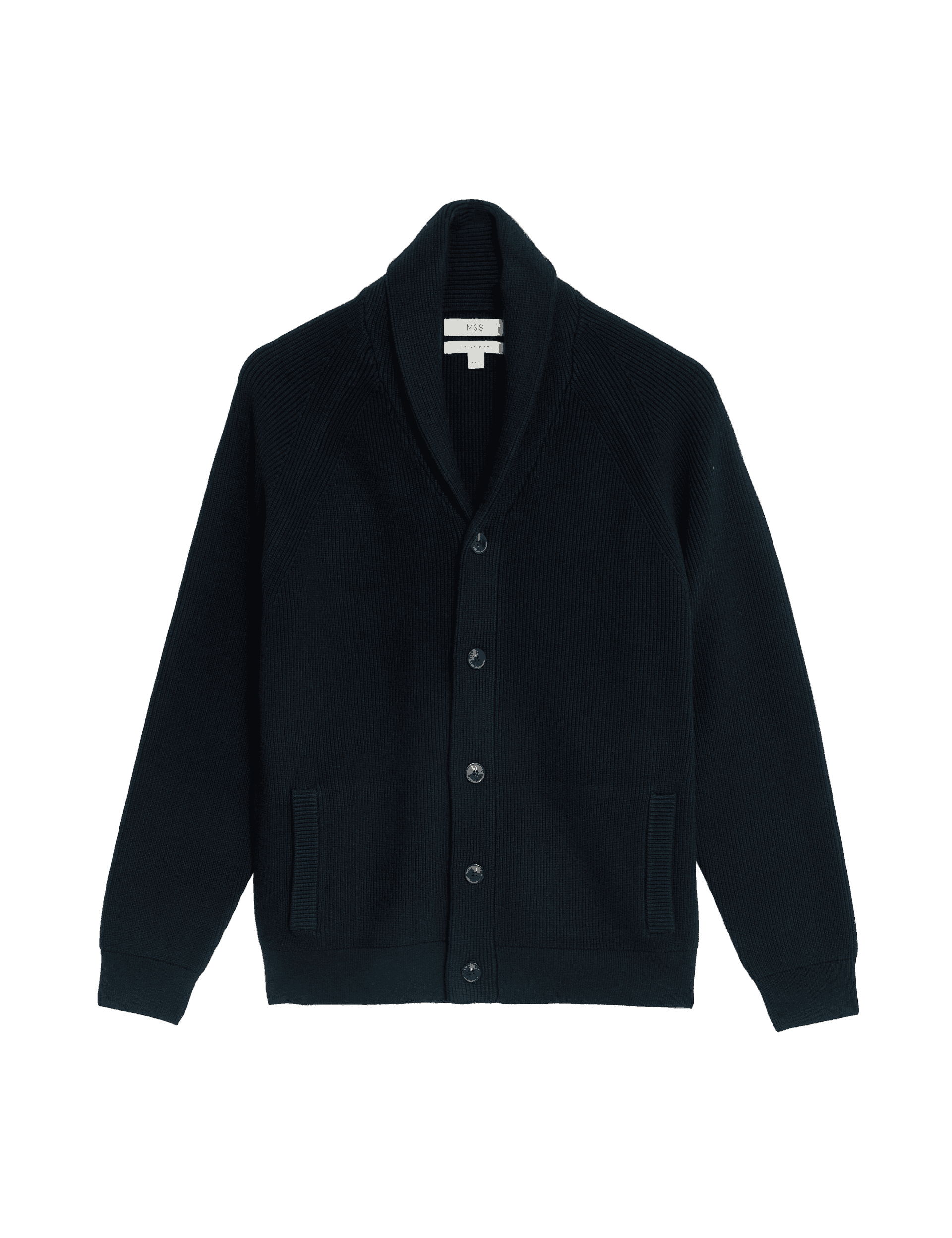 M&S Collection Men's Cotton Blend Ribbed Shawl Collar Cardigan - SREG - Dark Navy, Dark Navy