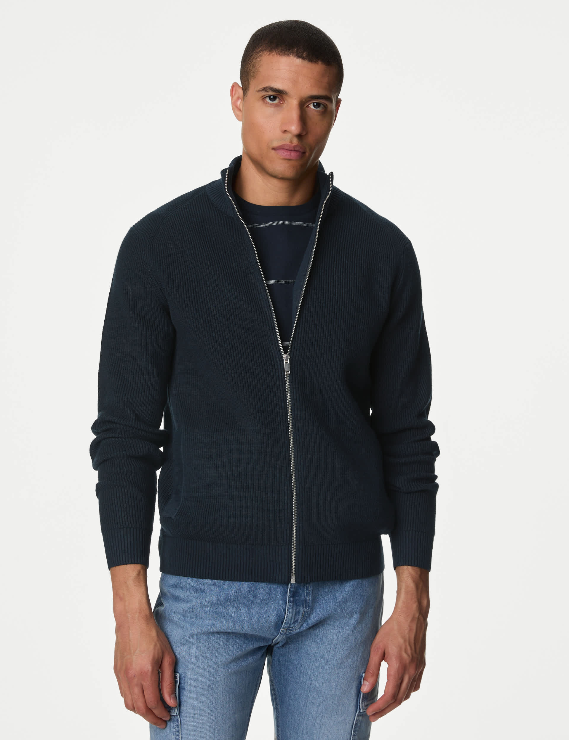 M&S Men's Cotton Blend Funnel Neck Zip Up Jumper - LREG - Dark Navy, Dark Navy,Dark Khaki,Sand