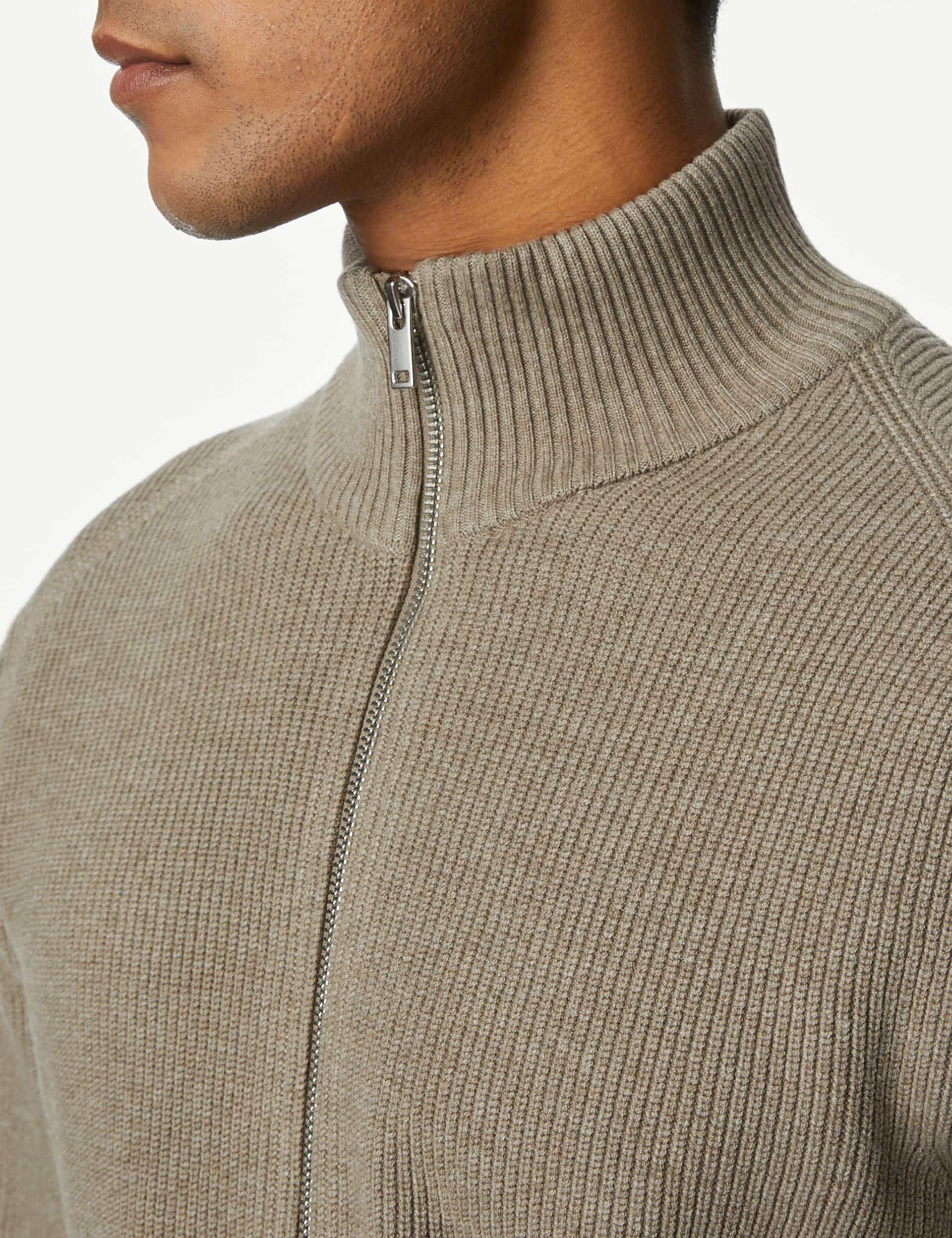 M&S Men's Cotton Blend Funnel Neck Zip Up Jumper - MREG - Sand, Dark Navy,Sand,Dark Khaki