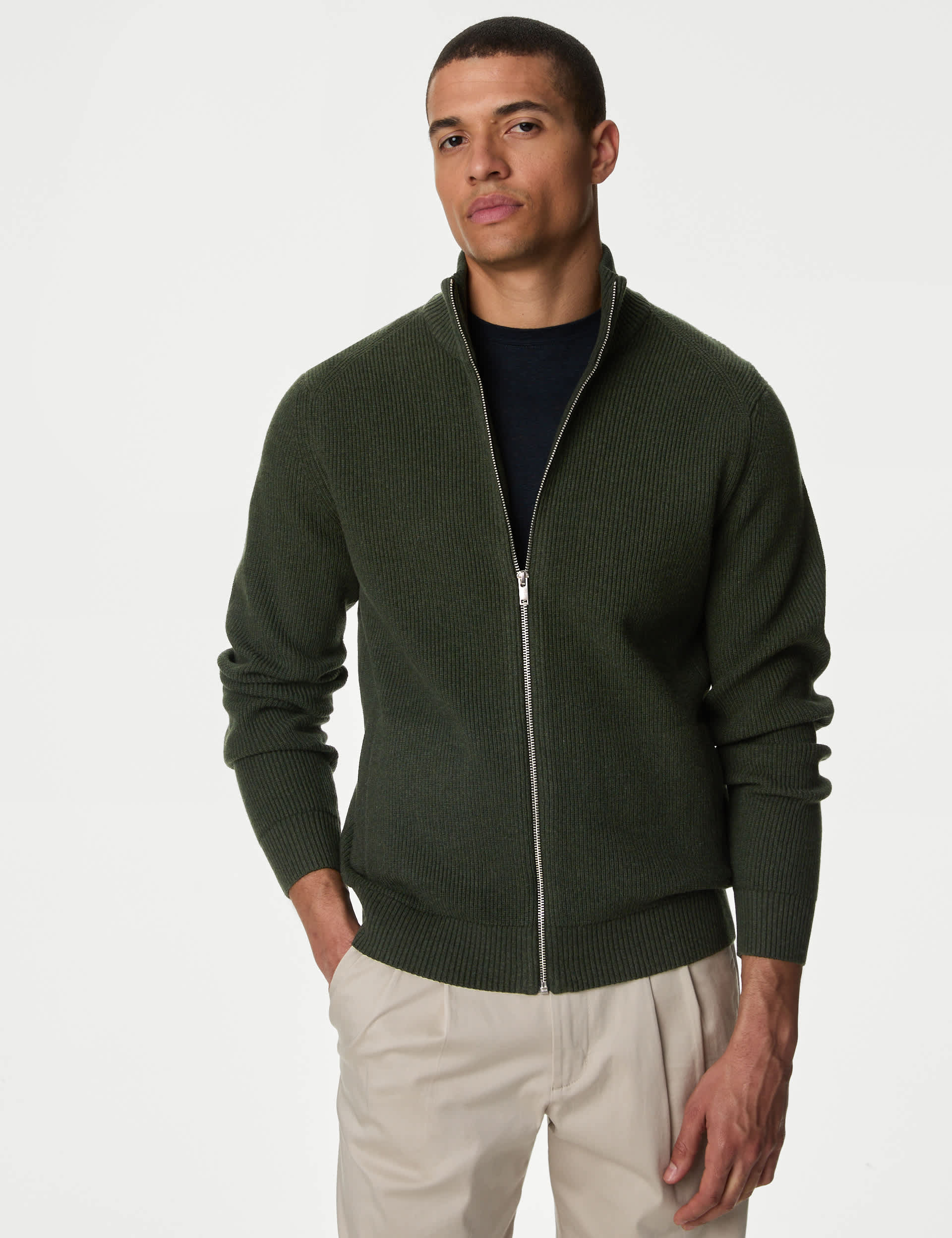 M&S Collection Men's Cotton Blend Funnel Neck Zip Up Jumper - SREG - Dark Khaki, Sand,Dark Navy,Dark