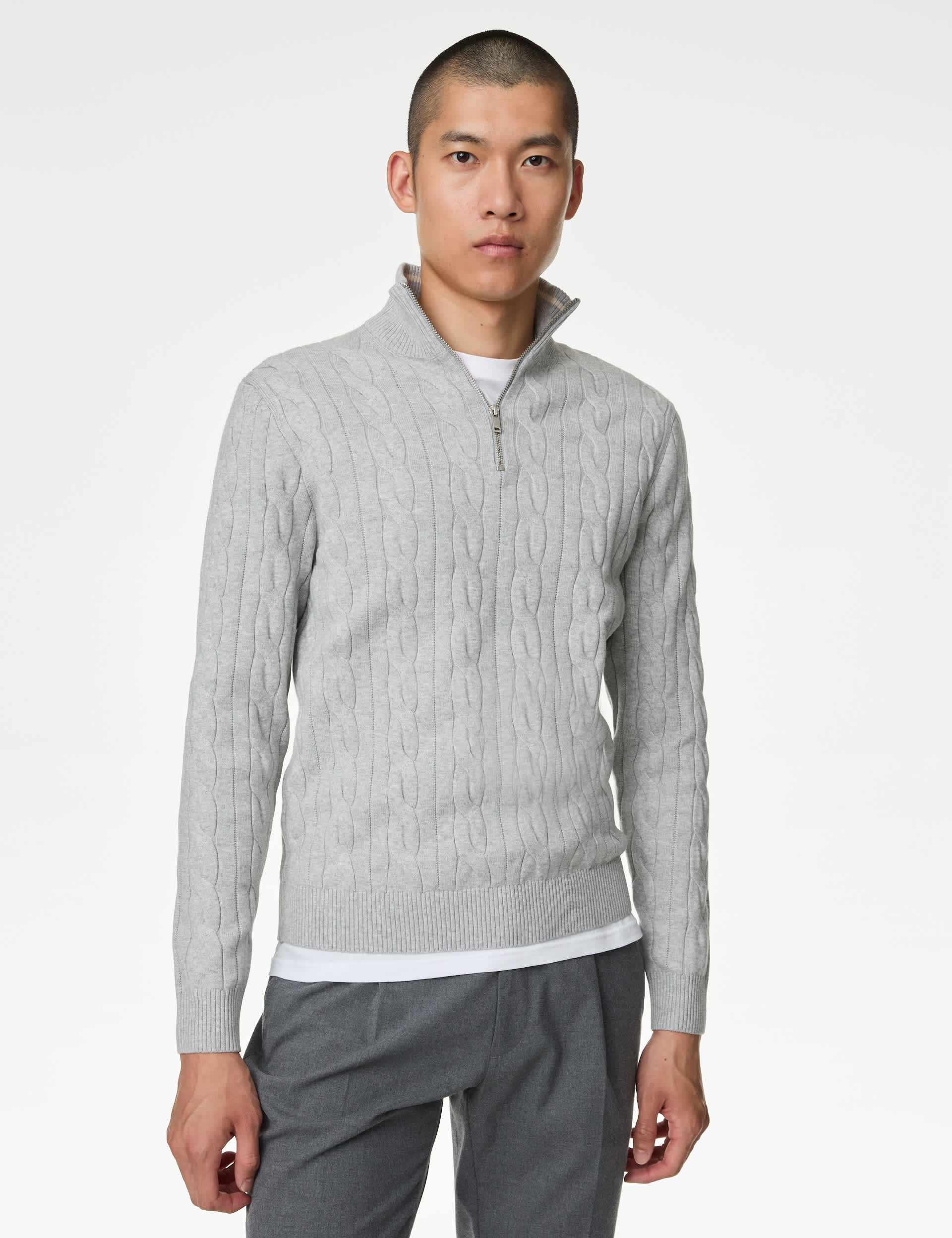 M&S Men's Cotton Blend Cable Funnel Neck Jumper - LREG - Grey Marl, Grey Marl,Brandy,Dark Navy