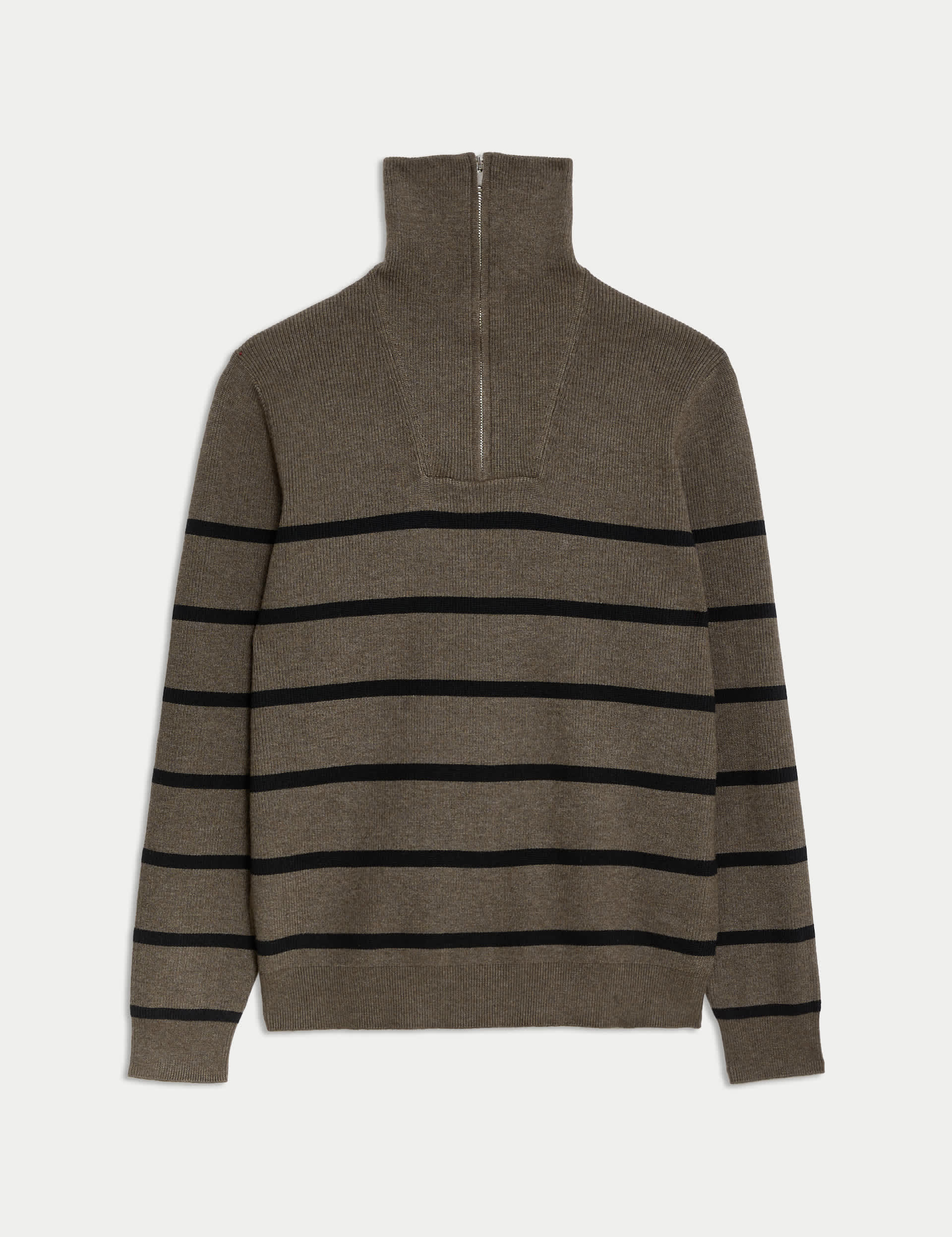 M&S Men's Cotton Blend Striped Half Zip Jumper - MREG - Medium Brown, Medium Brown