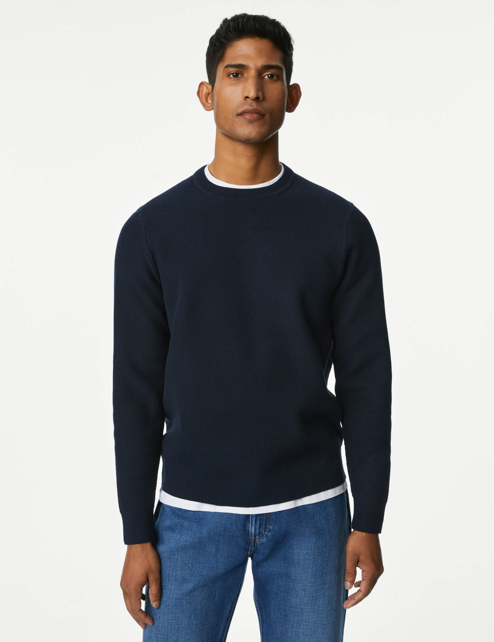 M&S Men's Cotton Blend Textured Crew Neck Jumper - LREG - Dark Navy, Burnt Orange,Evergreen,Dark Nav