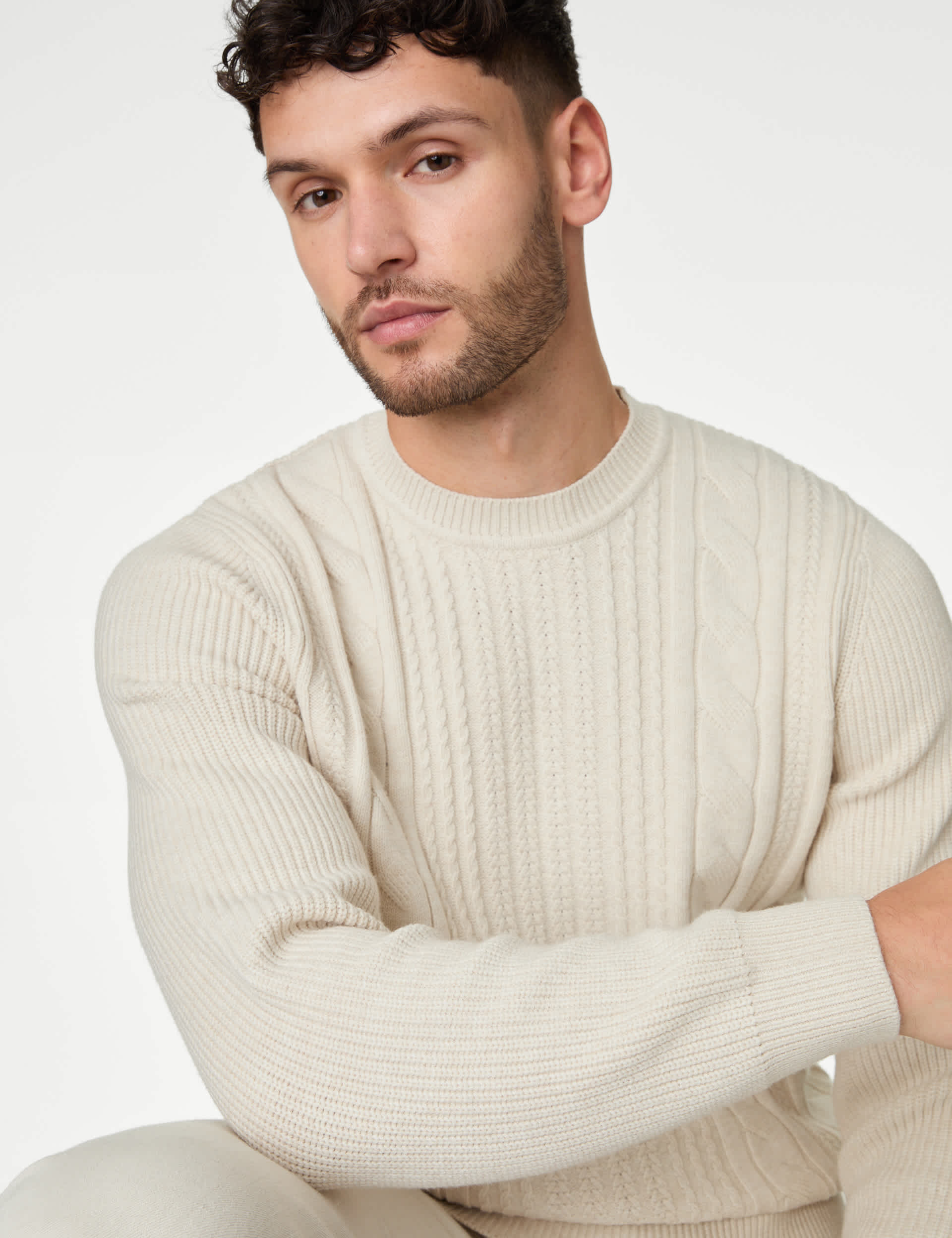 M&S Men's Cotton Blend Textured Crew Neck Jumper - MREG - Ecru, Ecru,Sand,Wine