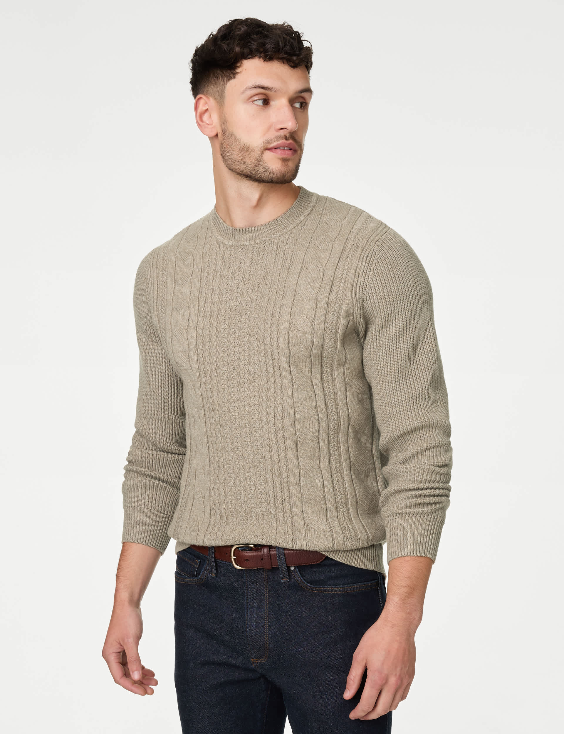 M&S Men's Cotton Blend Textured Crew Neck Jumper - LREG - Sand, Ecru,Sand