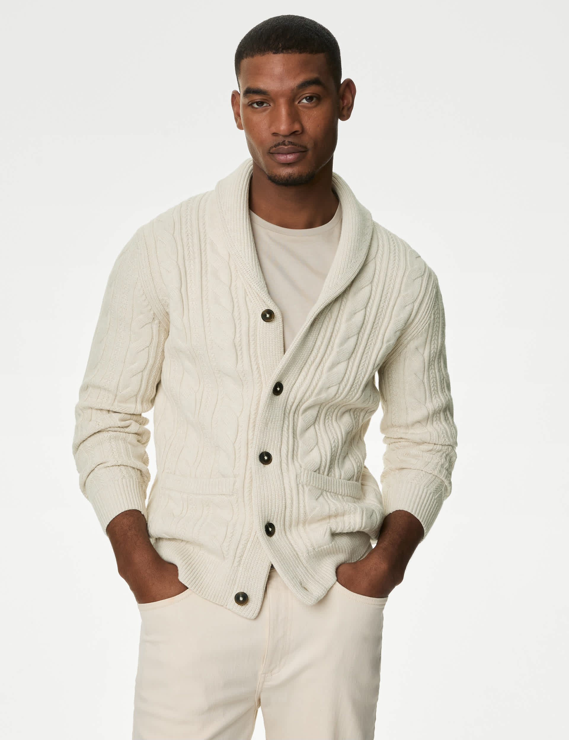 M&S Men's Cotton Blend Cable Shawl Collar Cardigan