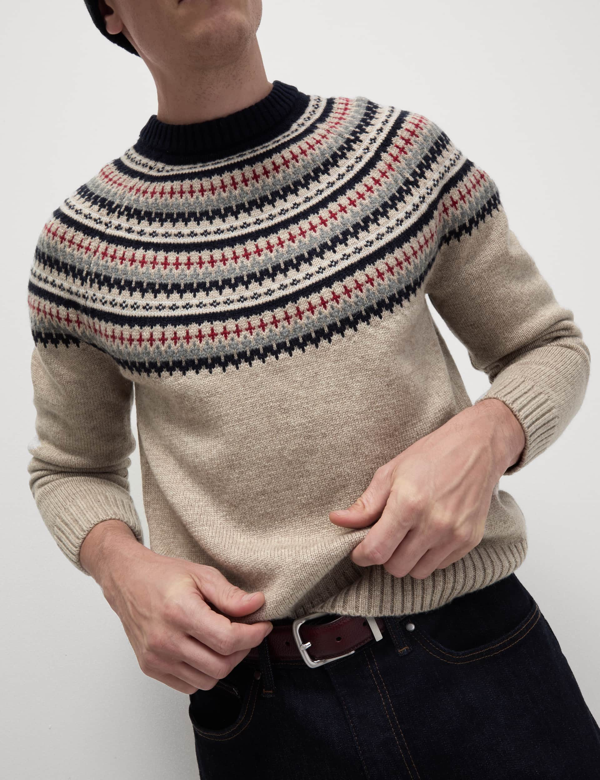 M&S Men's Lambswool Blend Fair Isle Crew Neck Jumper - LREG - Multi/Neutral, Multi/Neutral