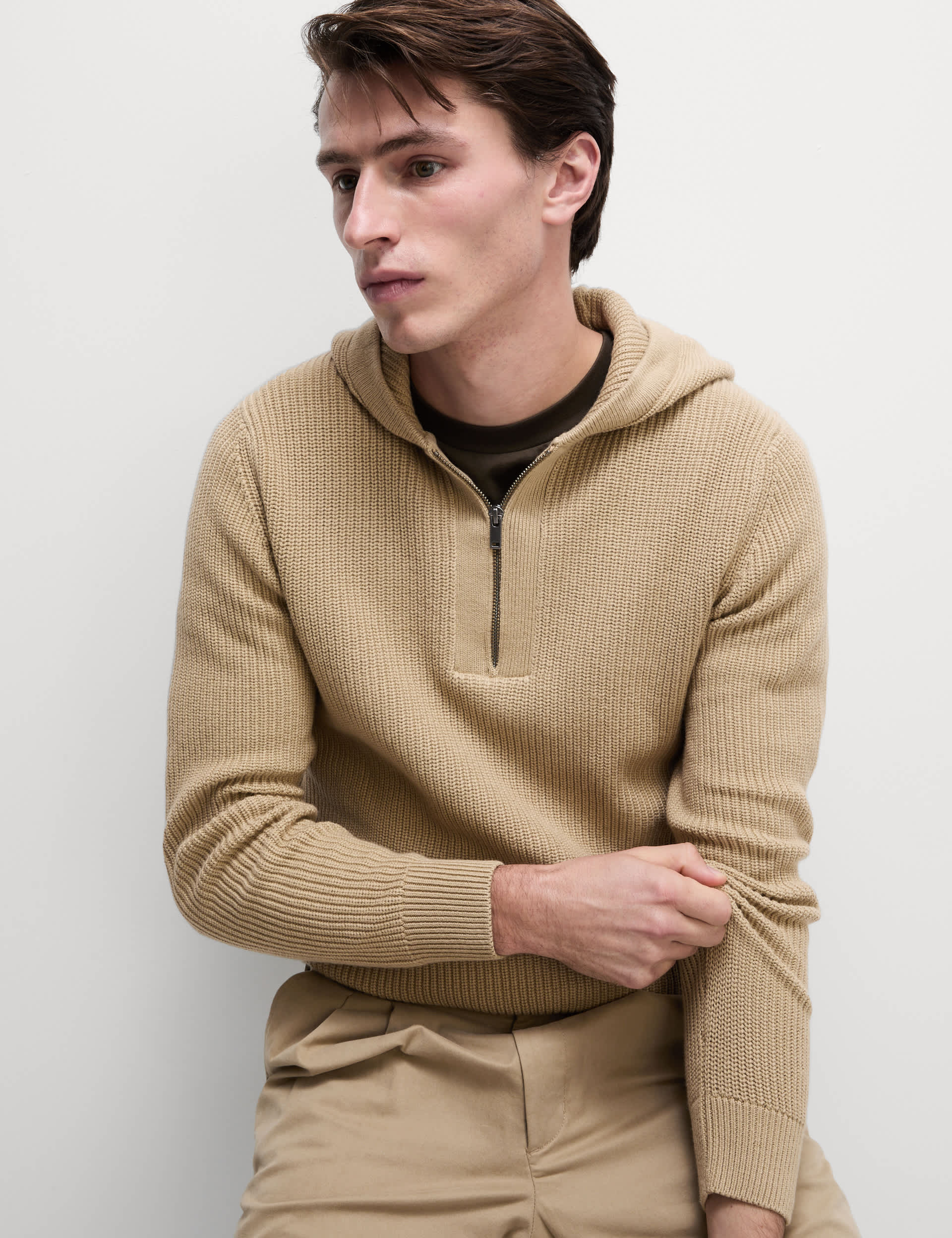 M&S Collection Men's Cotton Rich Knitted Hoodie with Wool - SREG - Sand, Black,Sand