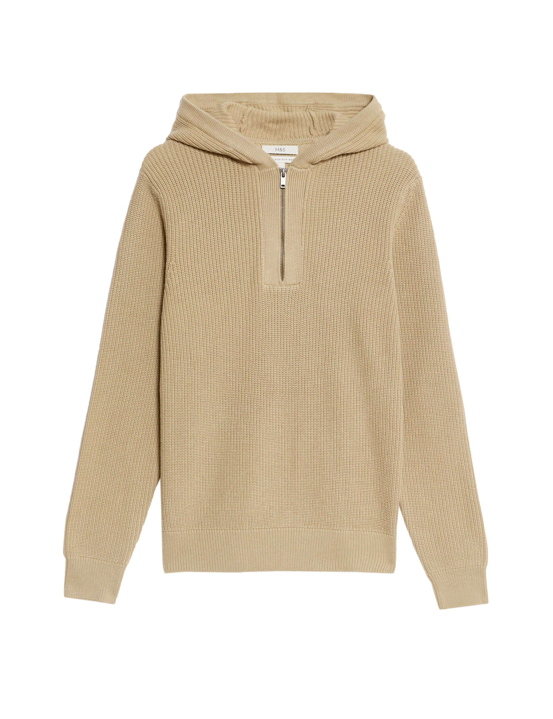 M&S Collection Men's Cotton Rich Knitted Hoodie with Wool - MREG - Sand, Sand