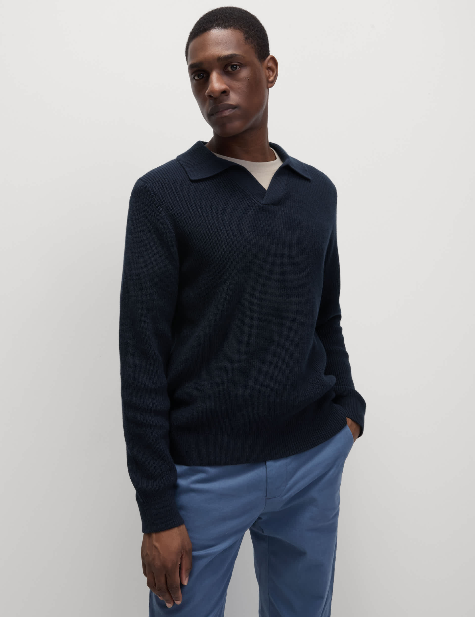 M&S Collection Men's Cotton Rich Open Neck Jumper with Wool - MREG - Dark Navy, Dark Navy