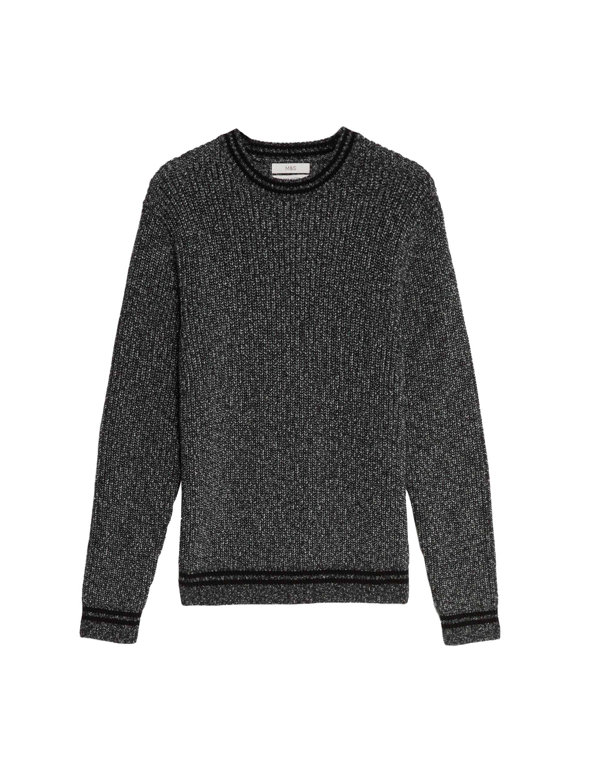 M&S Collection Men's Pure Cotton Twist Crew Neck Jumper - LREG - Black Mix, Green Mix,Black Mix