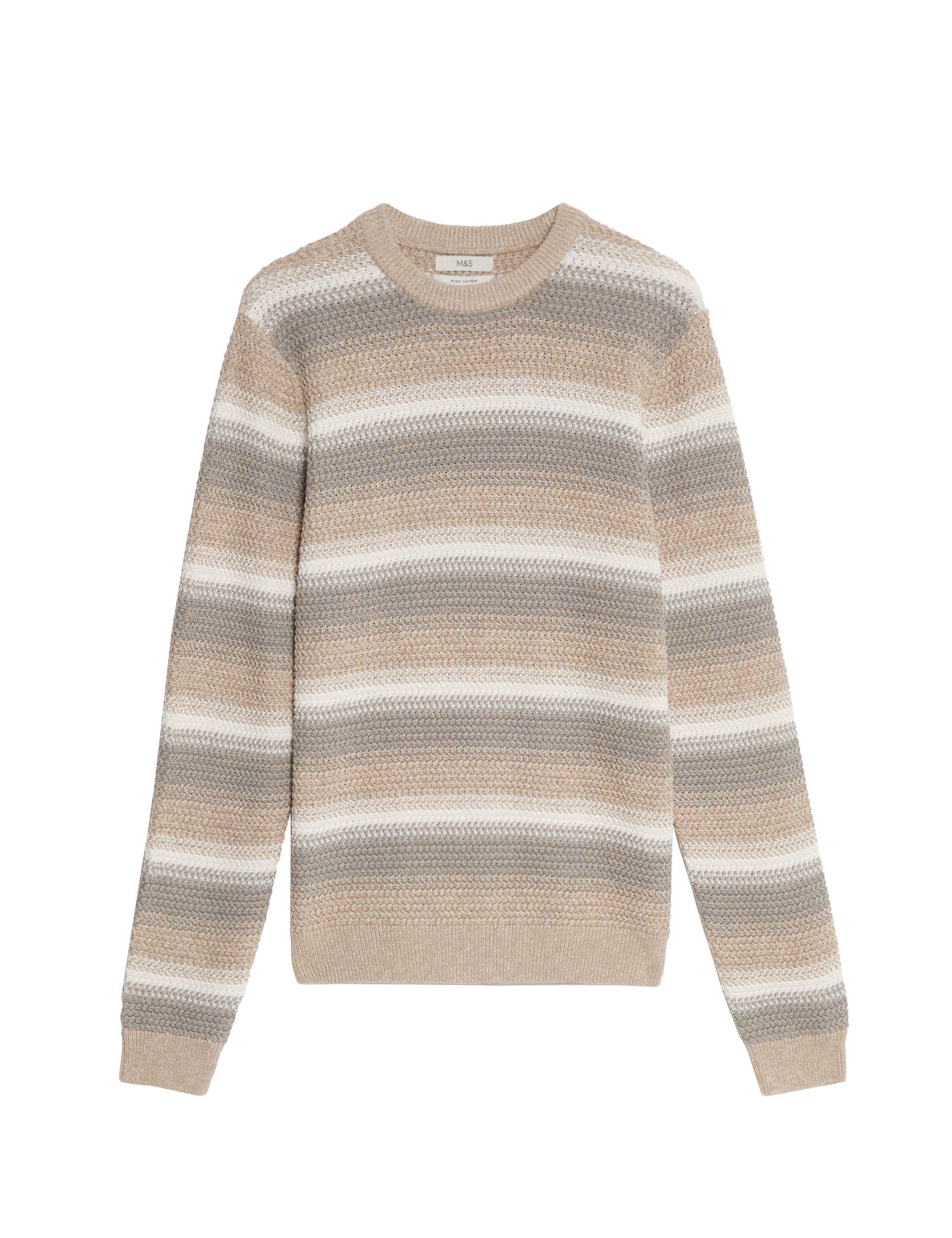 M&S Collection Men's Pure Cotton Striped Crew Neck Jumper - LREG - Neutral, Neutral,Black