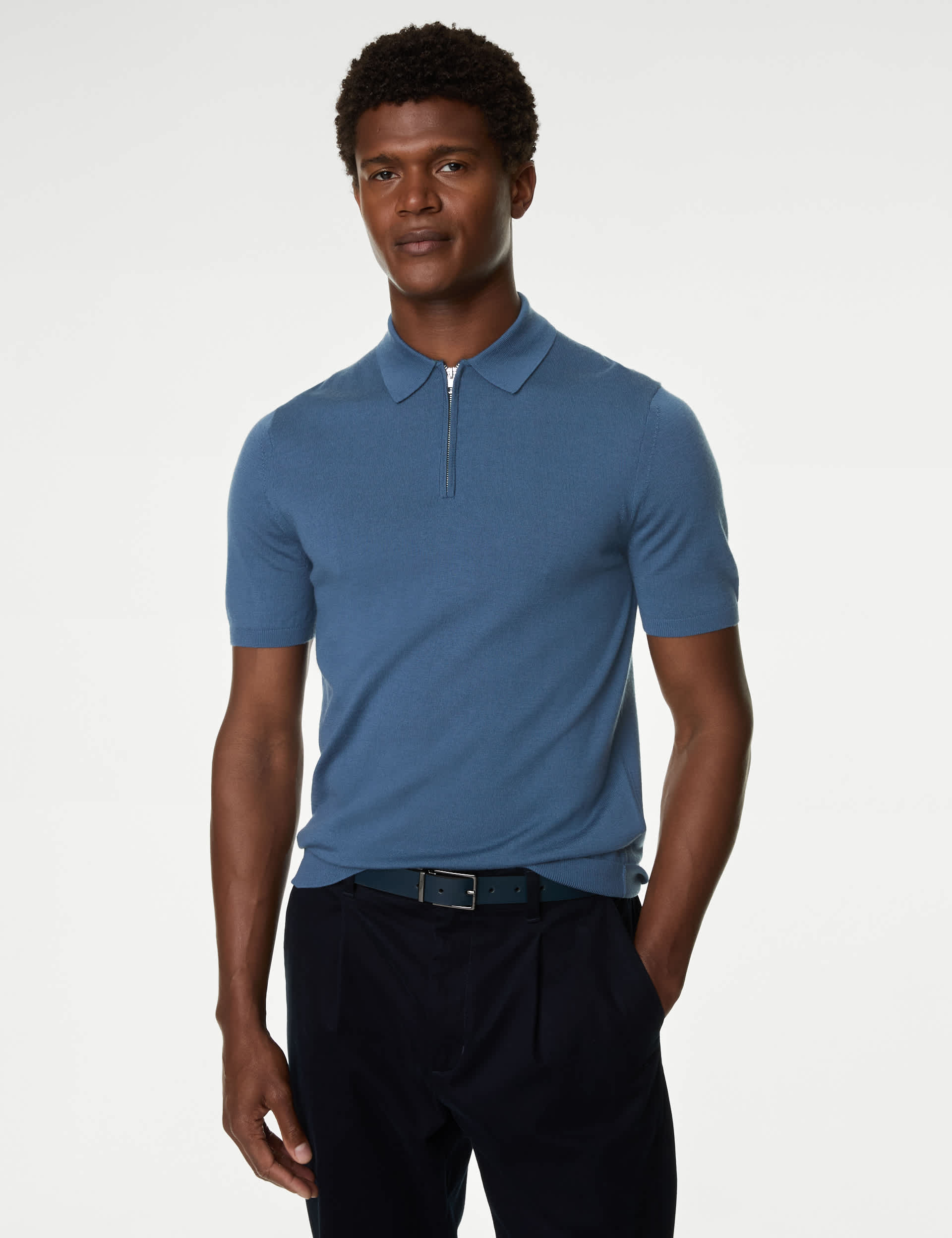 Autograph Men's Pure Extra Fine Merino Wool Knitted Polo Shirt - XLREG - Air Force Blue, Navy,Neutra