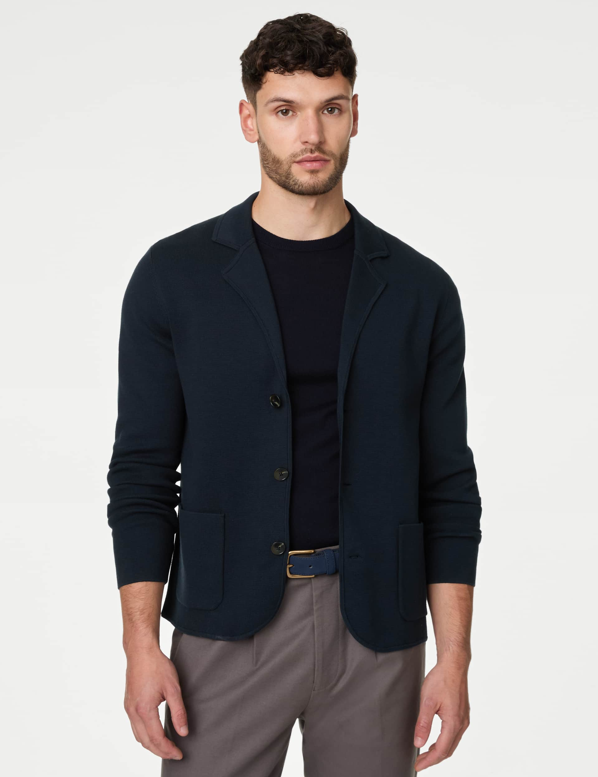 M&S Men's Cotton Modal Knitted Blazer - MREG - Navy, Navy