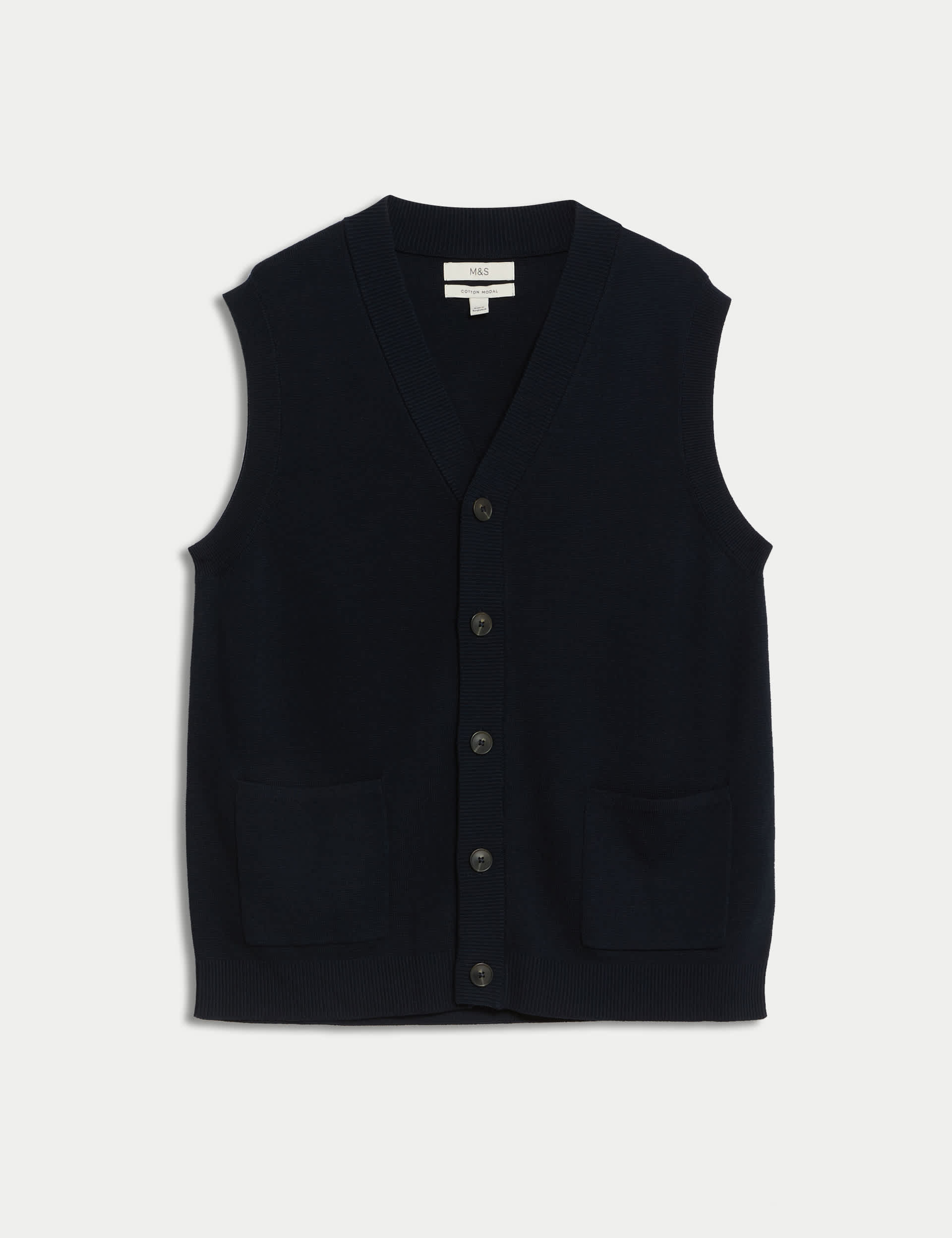 M&S Men's Cotton Rich Textured V-Neck Knitted Waistcoat - LREG - Navy, Navy