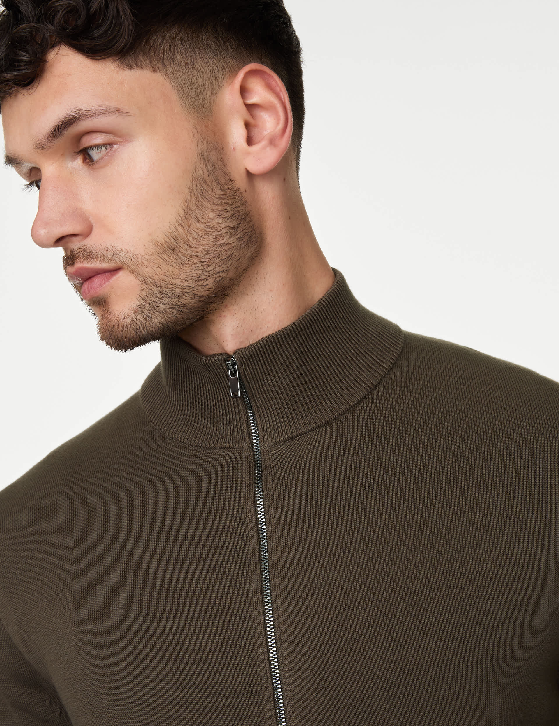 M&S Men's Cotton Rich Funnel Neck Zip Through Jumper