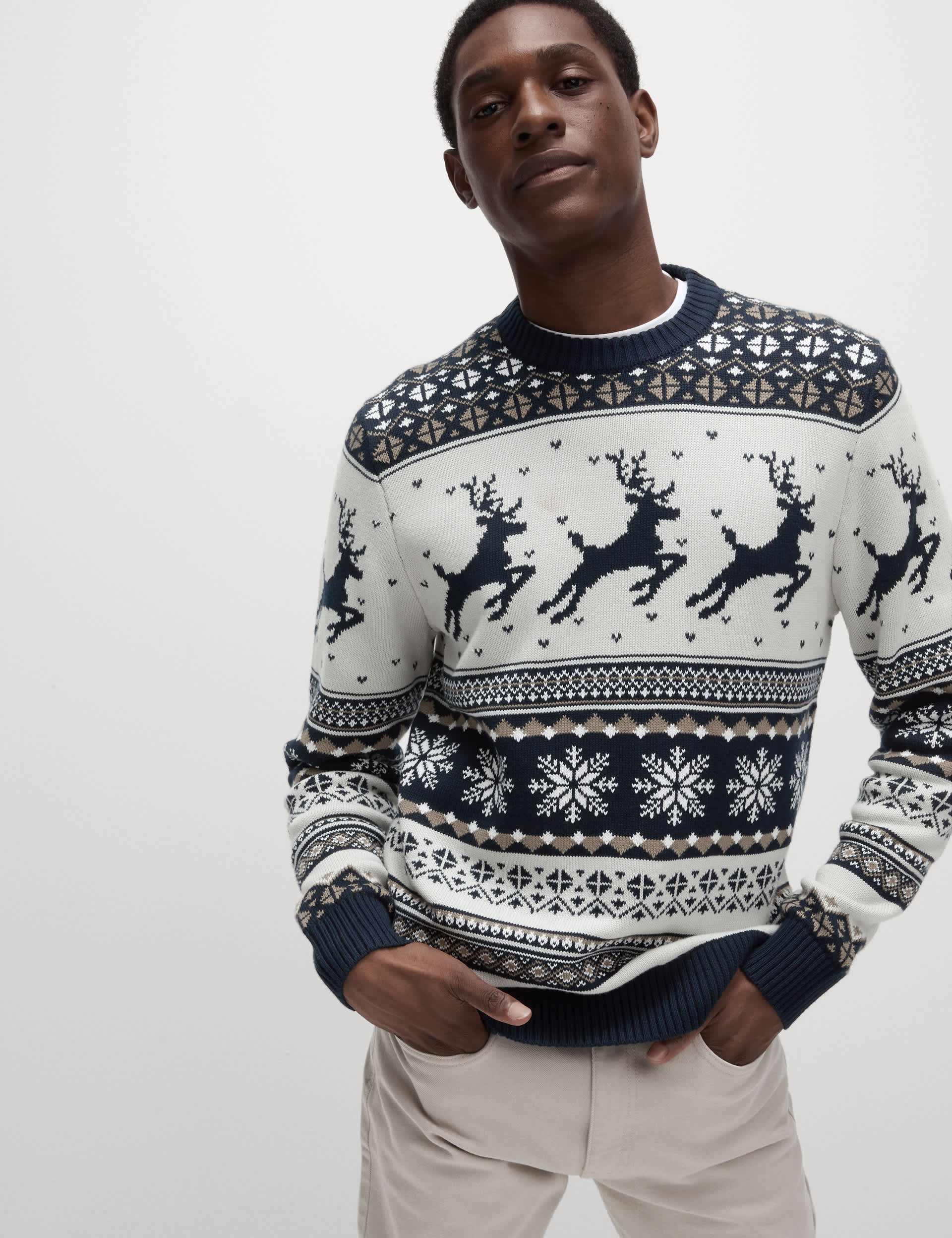 M&S Men's Pure Cotton Fair Isle Christmas Jumper - MREG - Navy Mix, Navy Mix