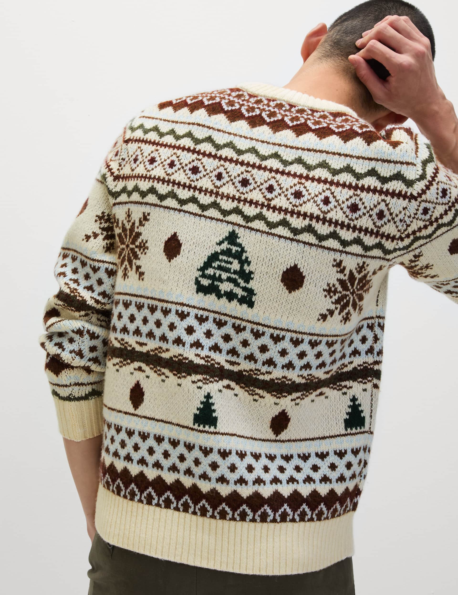 M&S Men's Fair Isle Crew Neck Christmas Jumper - LREG - Ecru Mix, Ecru Mix