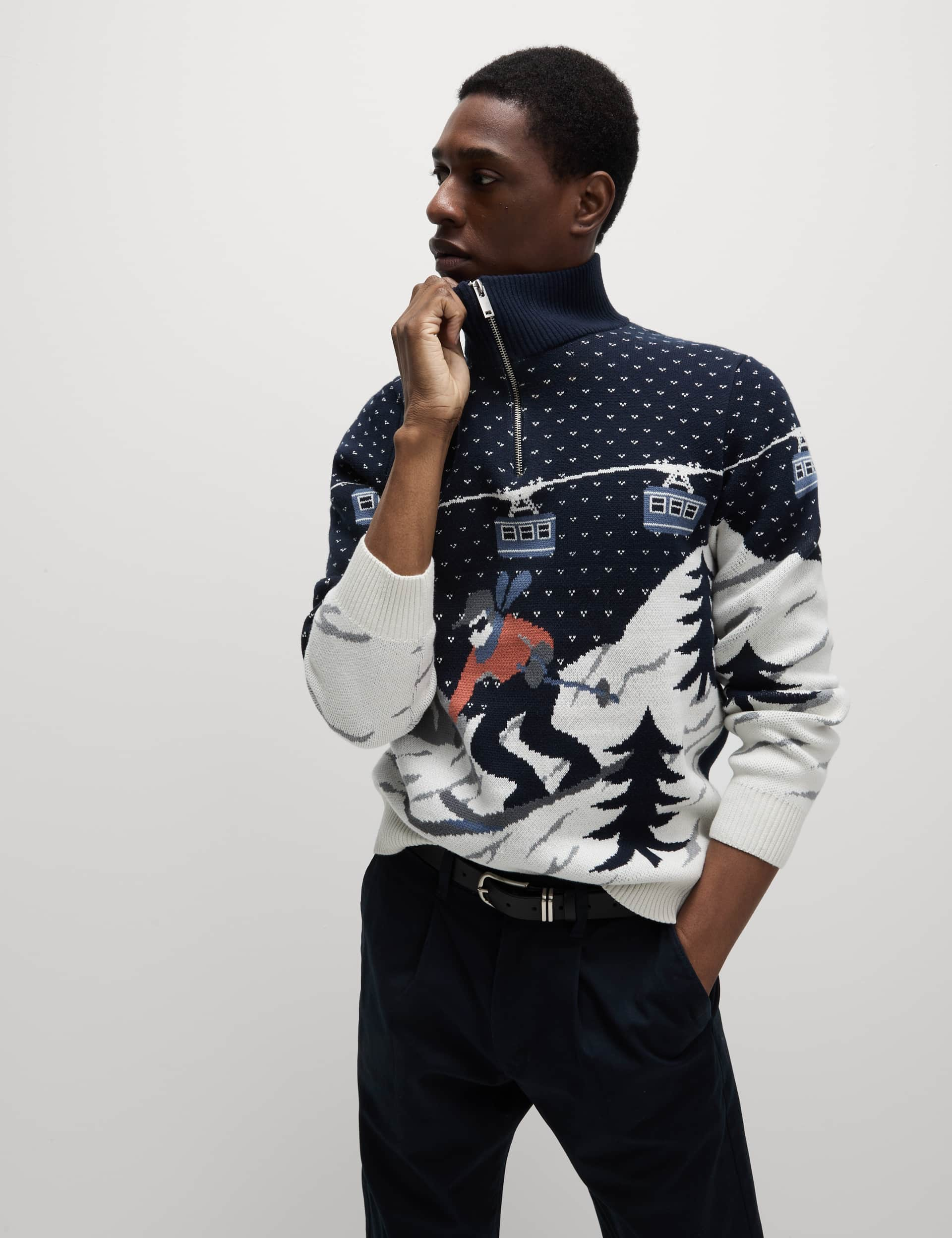 M&S Men's Pure Cotton Half Zip Christmas Jumper - LREG - Blue Mix, Blue Mix