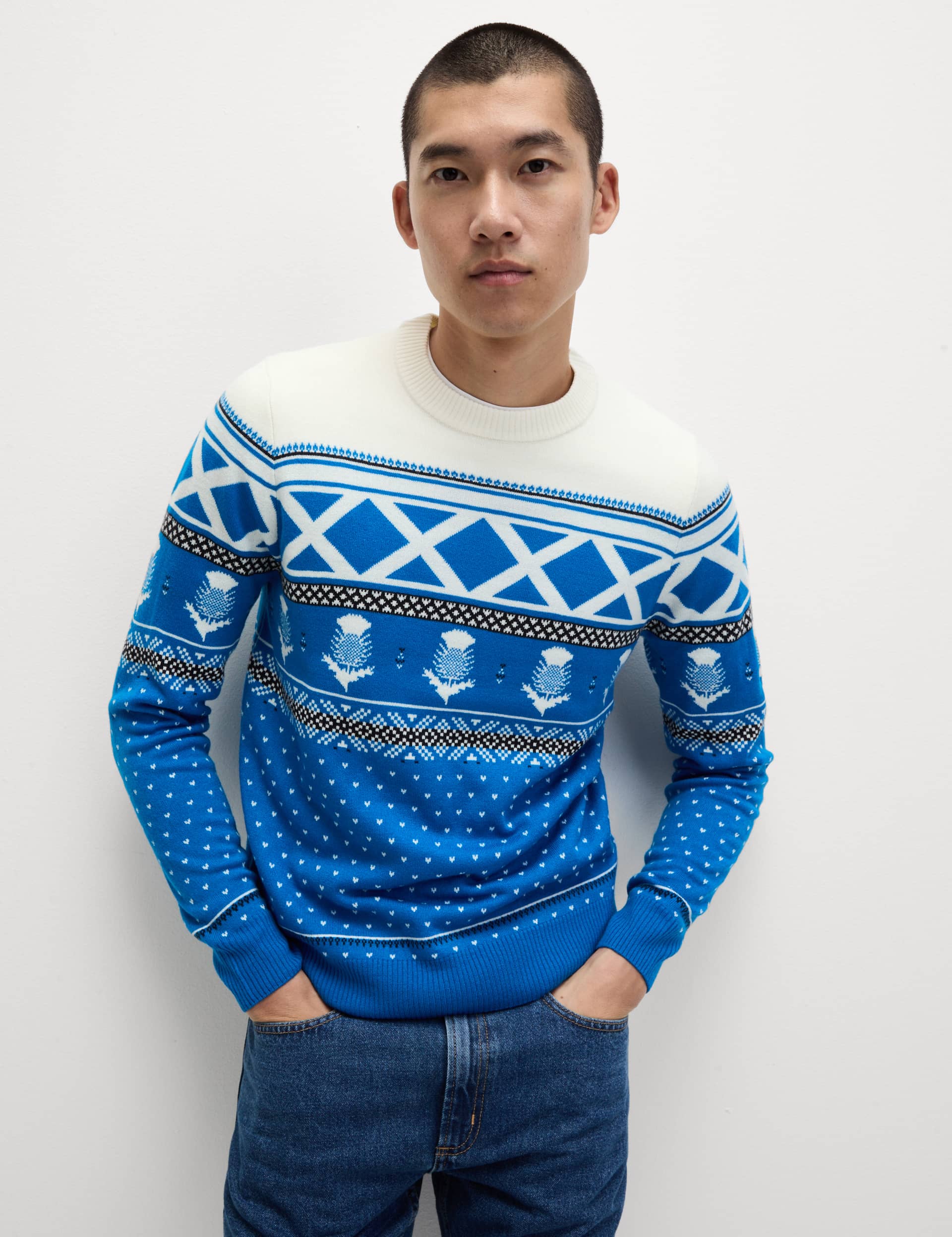 M&S Men's Scotland Crew Neck Christmas Jumper - XSREG - Blue Mix, Blue Mix