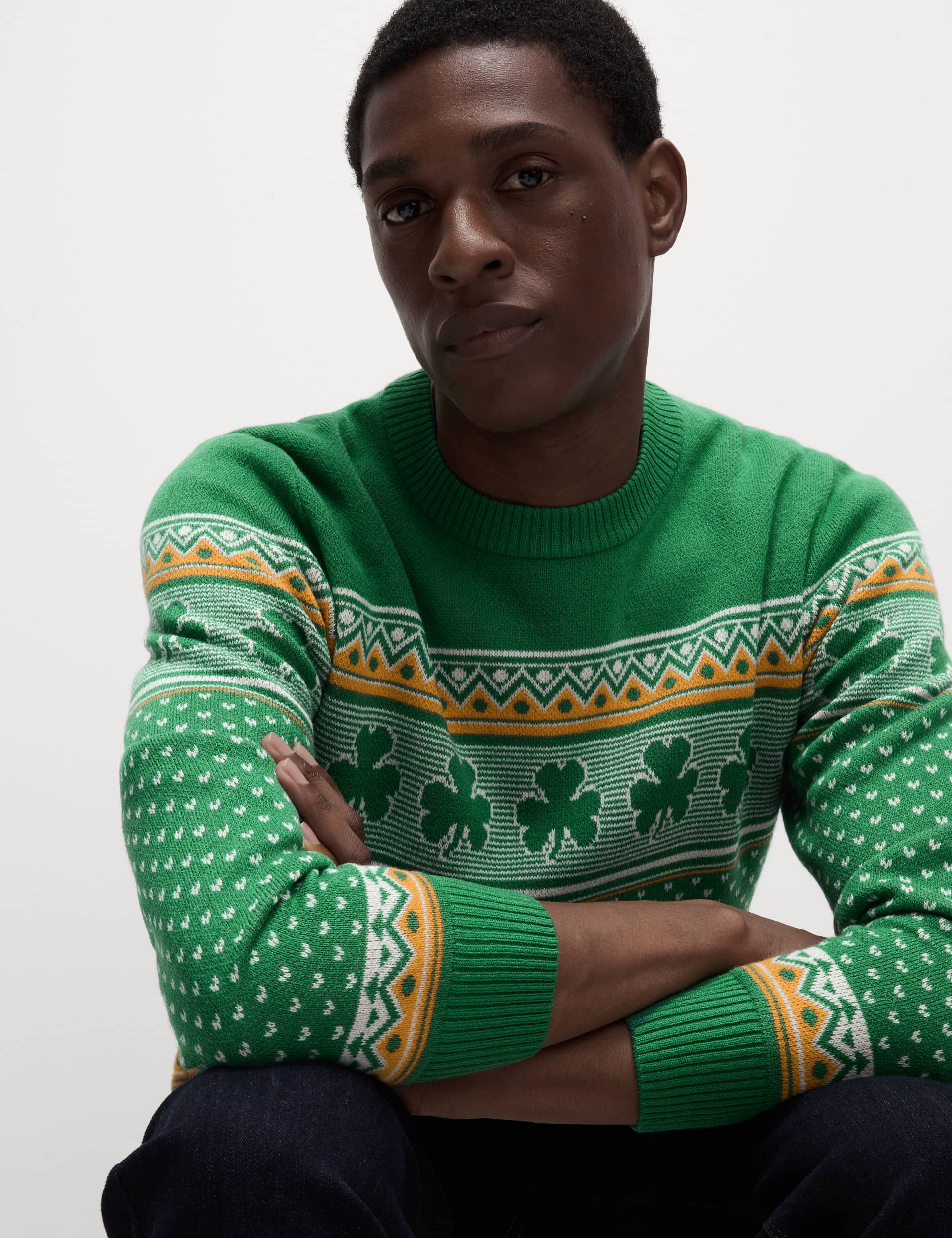 M&S Men's Ireland Crew Neck Christmas Jumper - LREG - Green Mix, Green Mix