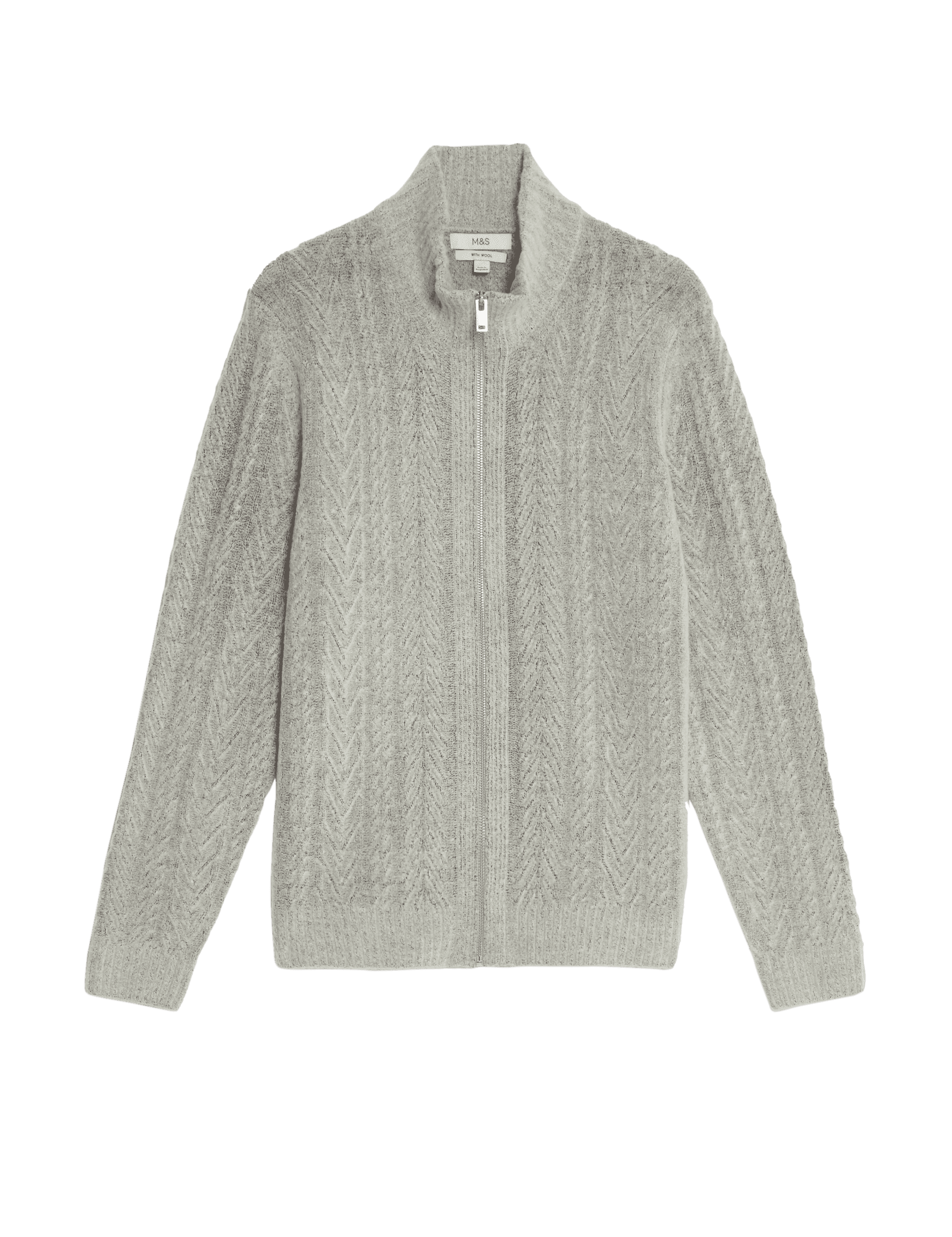 M&S Collection Men's Supersoft with Wool Cable Funnel Neck Knitted Jacket - MREG - Grey, Grey