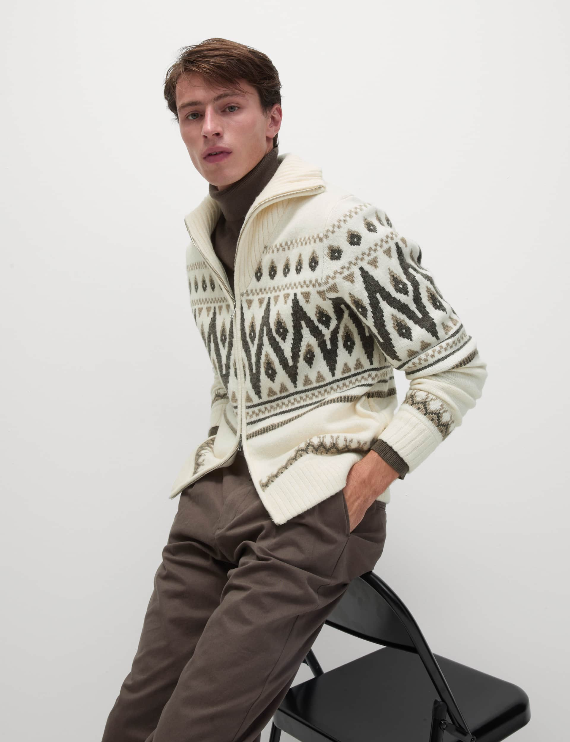 M&S Men's Fair Isle Funnel Neck Jumper - MREG - Ecru, Ecru