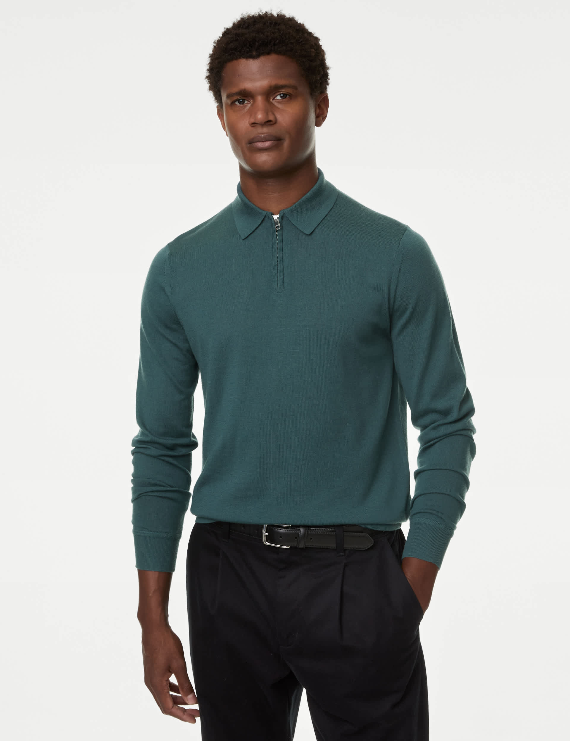 Autograph Men's Pure Extra Fine Merino Wool Knitted Polo - MREG - Petrol Green, Navy,Mid Grey,Dark K