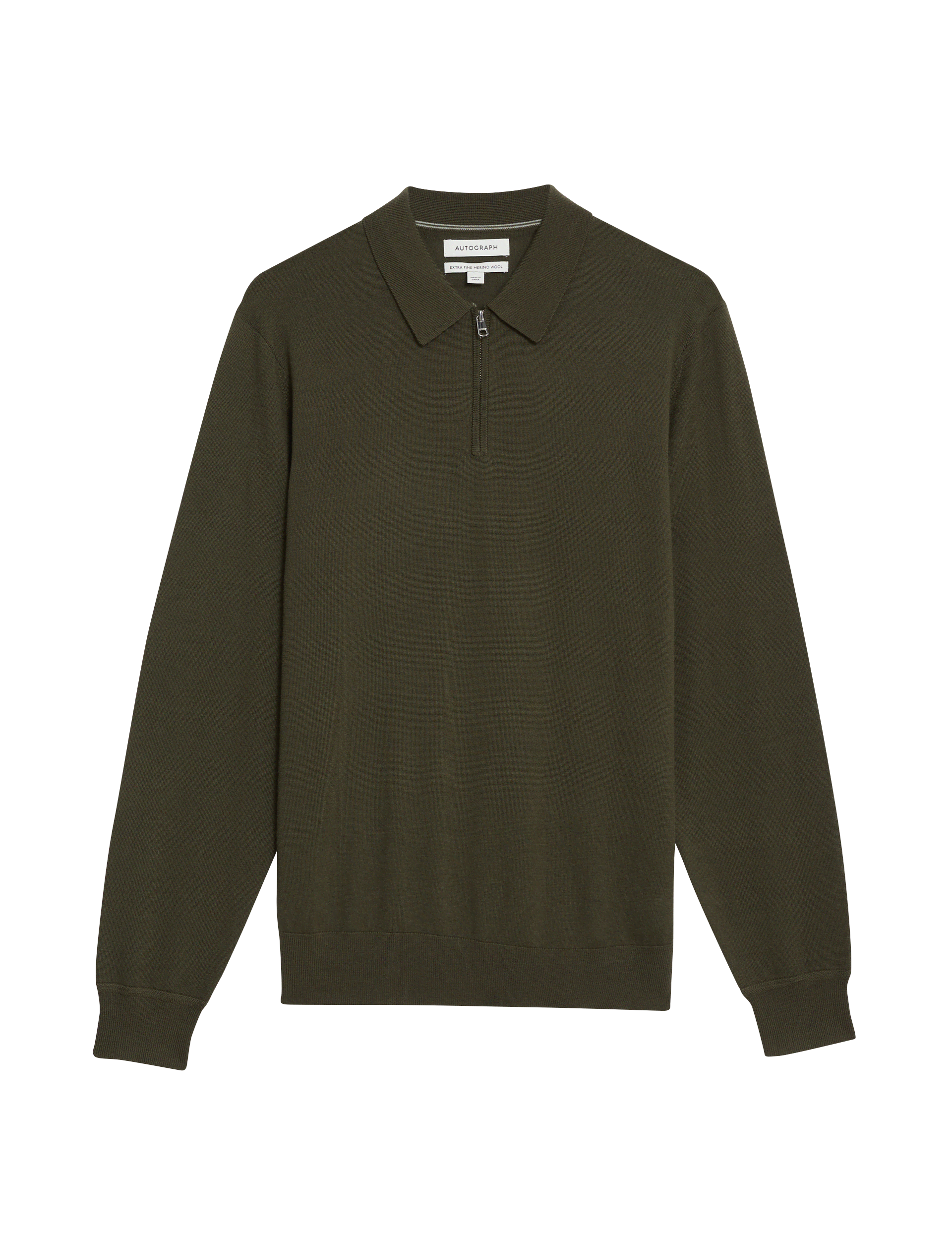 Autograph Men's Pure Extra Fine Merino Wool Knitted Polo - LREG - Dark Khaki, Dark Khaki