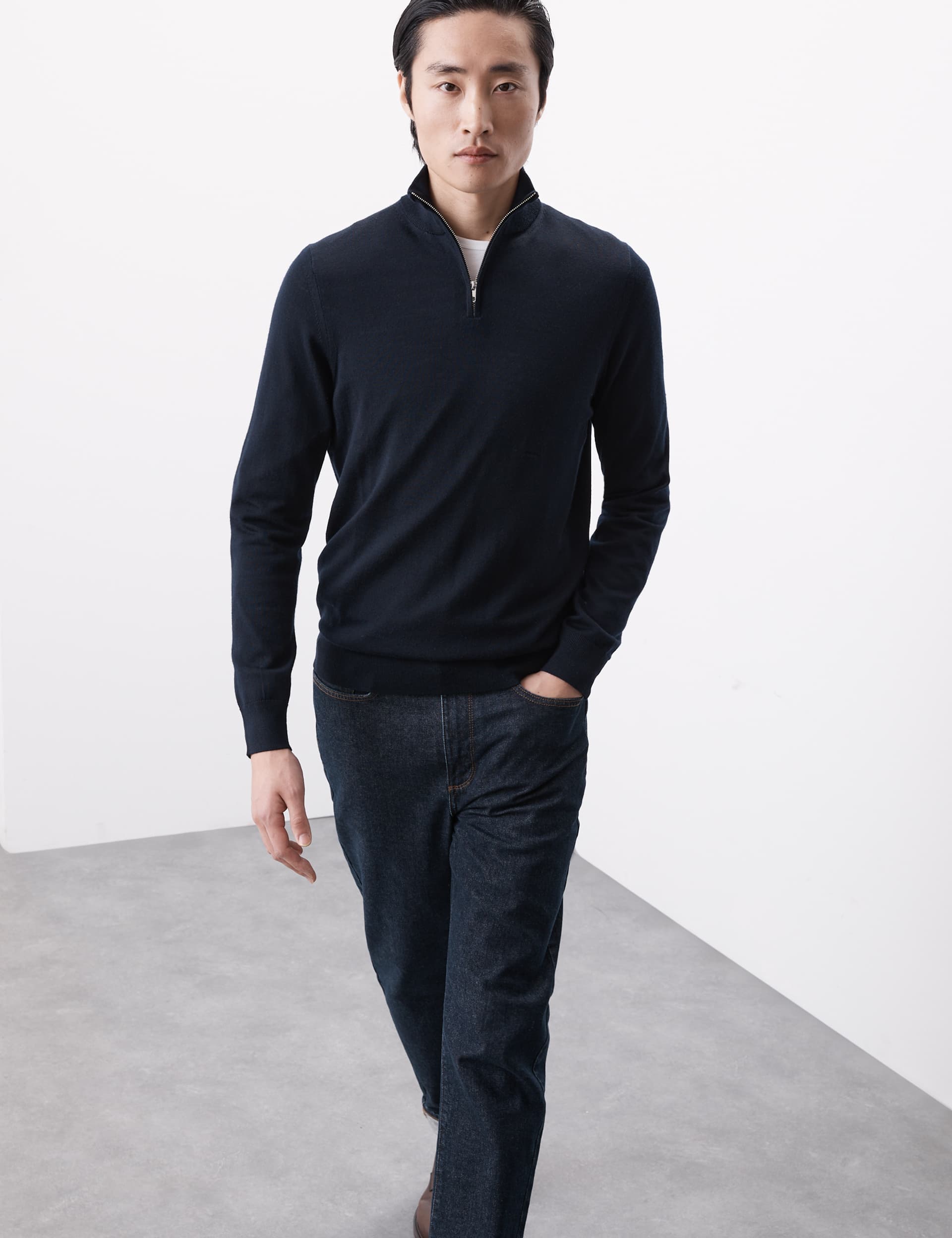 Autograph Men's Pure Extra Fine Merino Wool Half Zip Jumper - MREG - Navy, Charcoal,Navy,Mid Grey,Sm