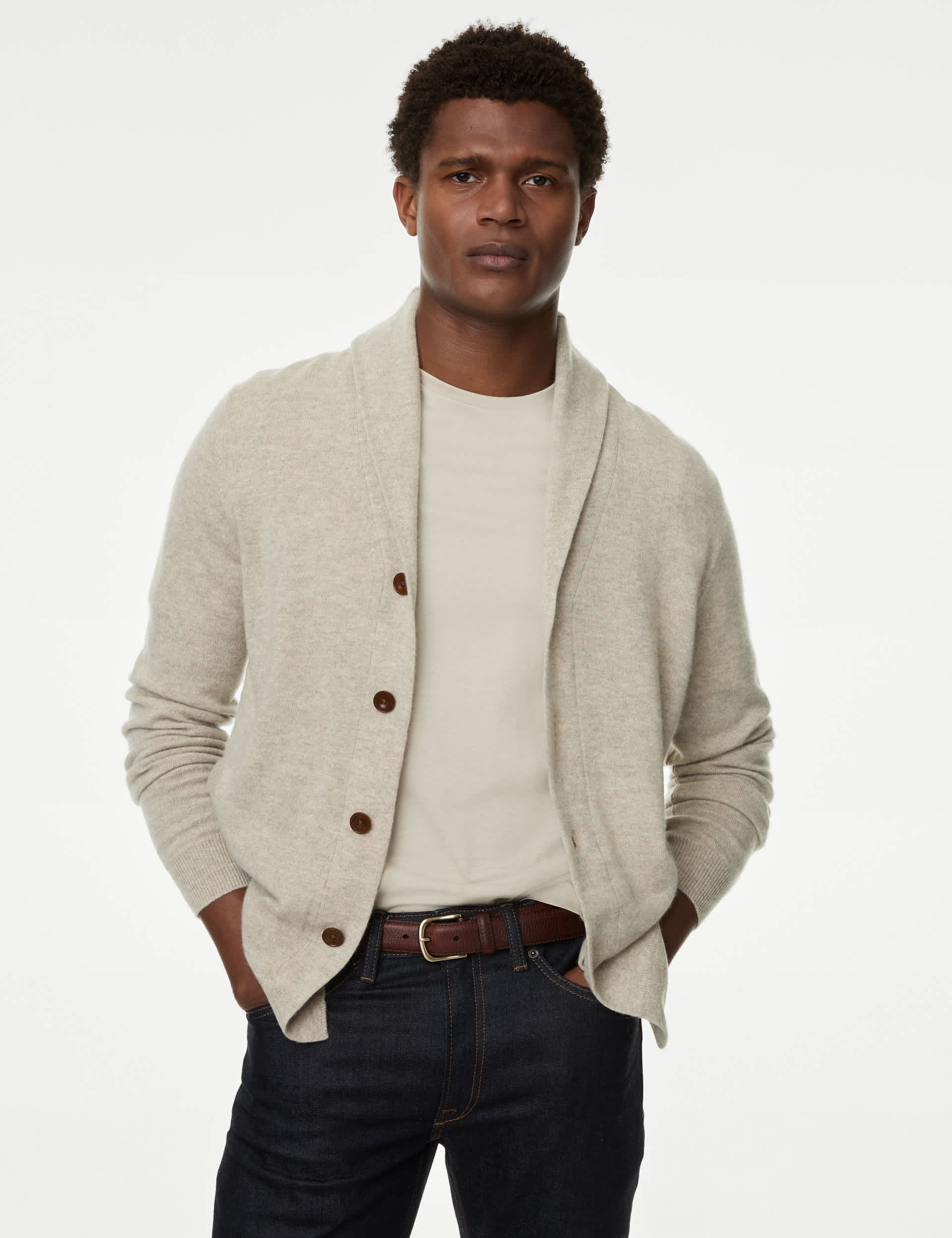 Autograph Men's Pure Cashmere Shawl Collar Cardigan - LREG - Natural, Dark Navy,Natural,Dark Khaki