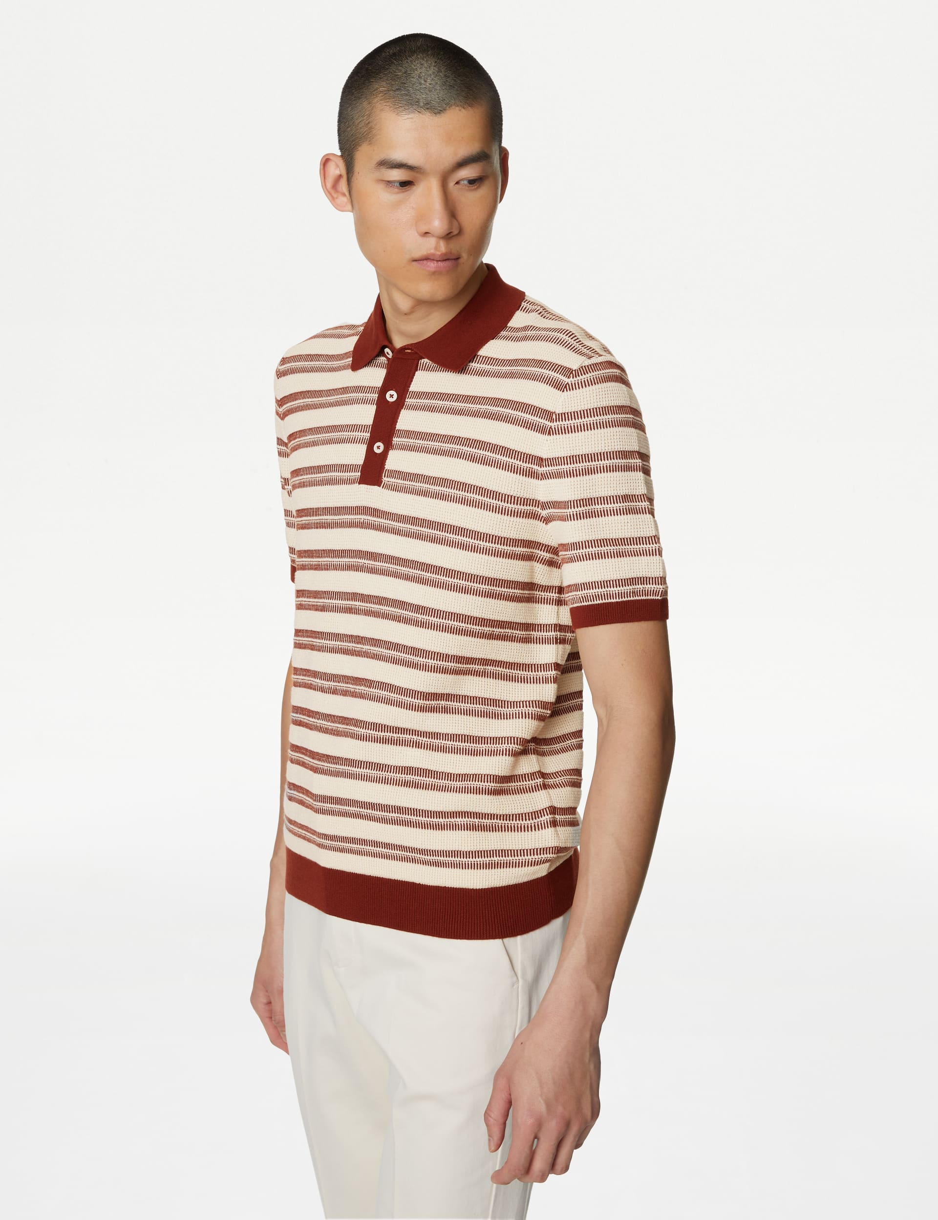 M&S Men's Pure Cotton Textured Striped Knitted Polo Shirt - XLREG - Rust Mix, Rust Mix