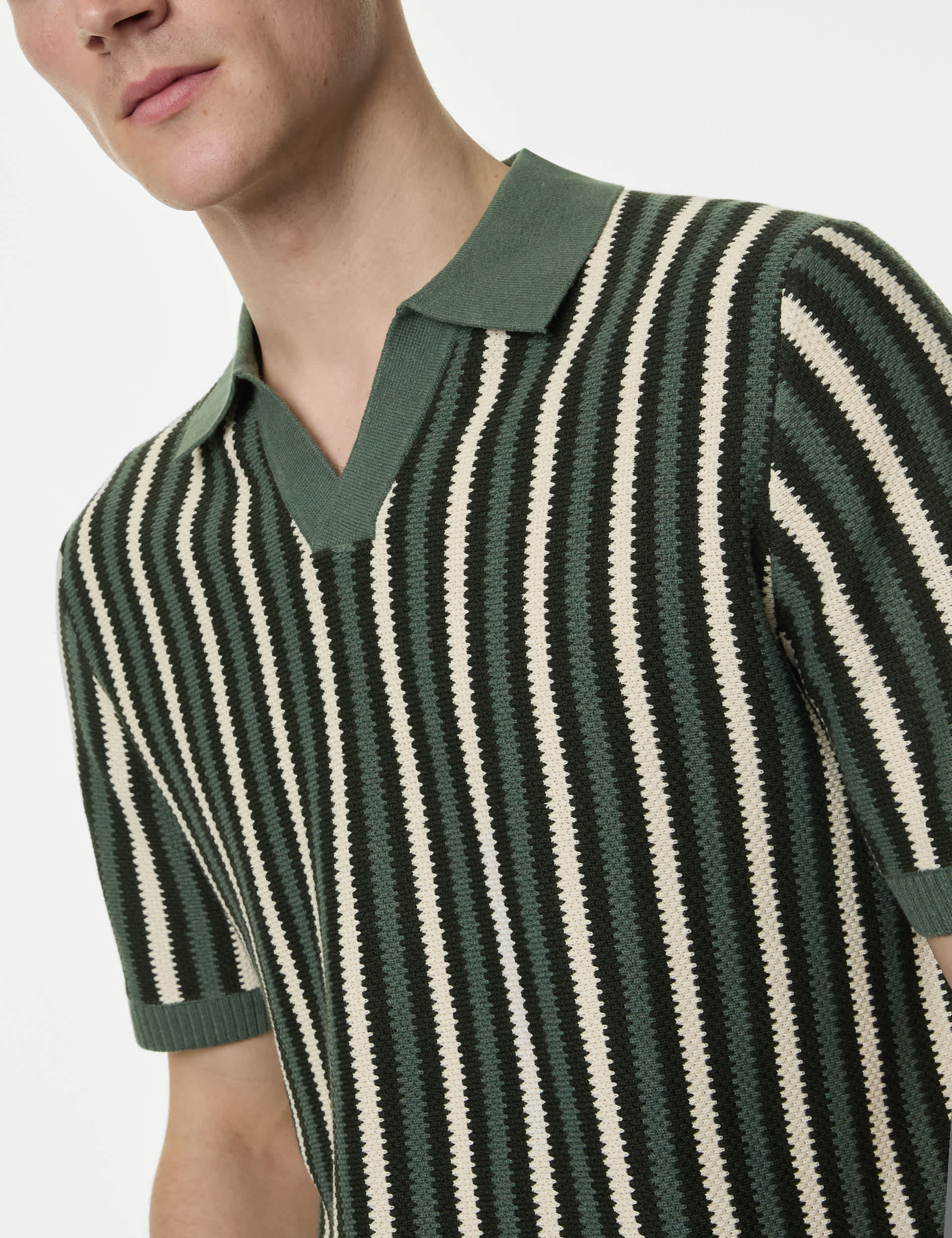 M&S Men's Striped Open Neck Knitted Polo Shirt with Linen - XLREG - Green Mix, Green Mix