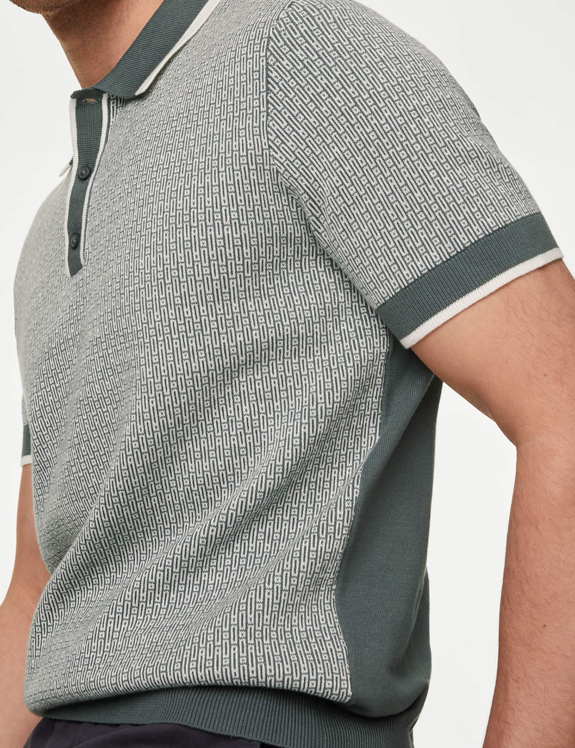 M&S Men's Cotton Rich Geometric Knitted Polo Shirt - XLREG - Charcoal, Charcoal,Moss Green