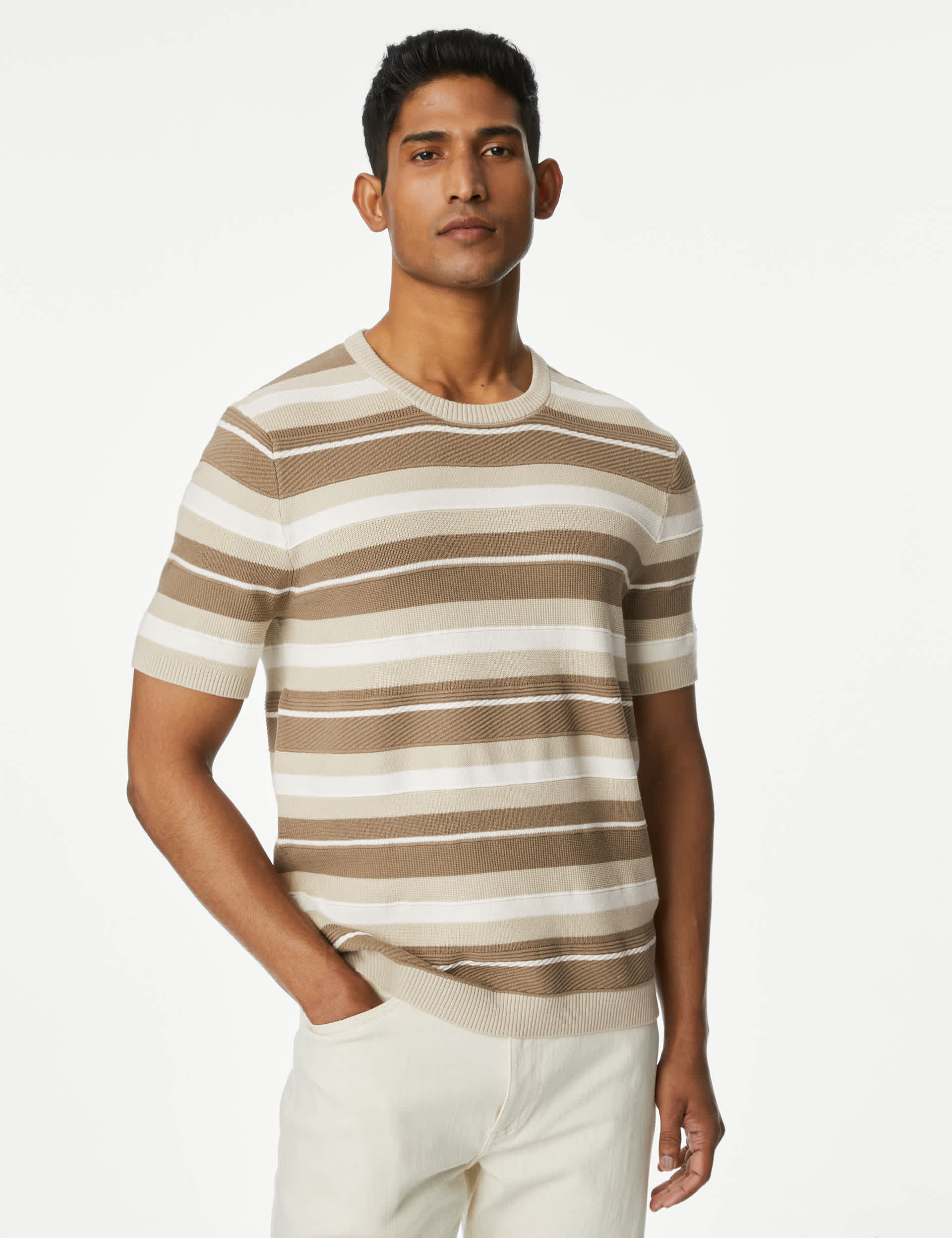 M&S Men's Cotton Rich Striped Crew Neck Knitted T-shirt - XLREG - Multi/Neutral, Multi/Neutral,Multi