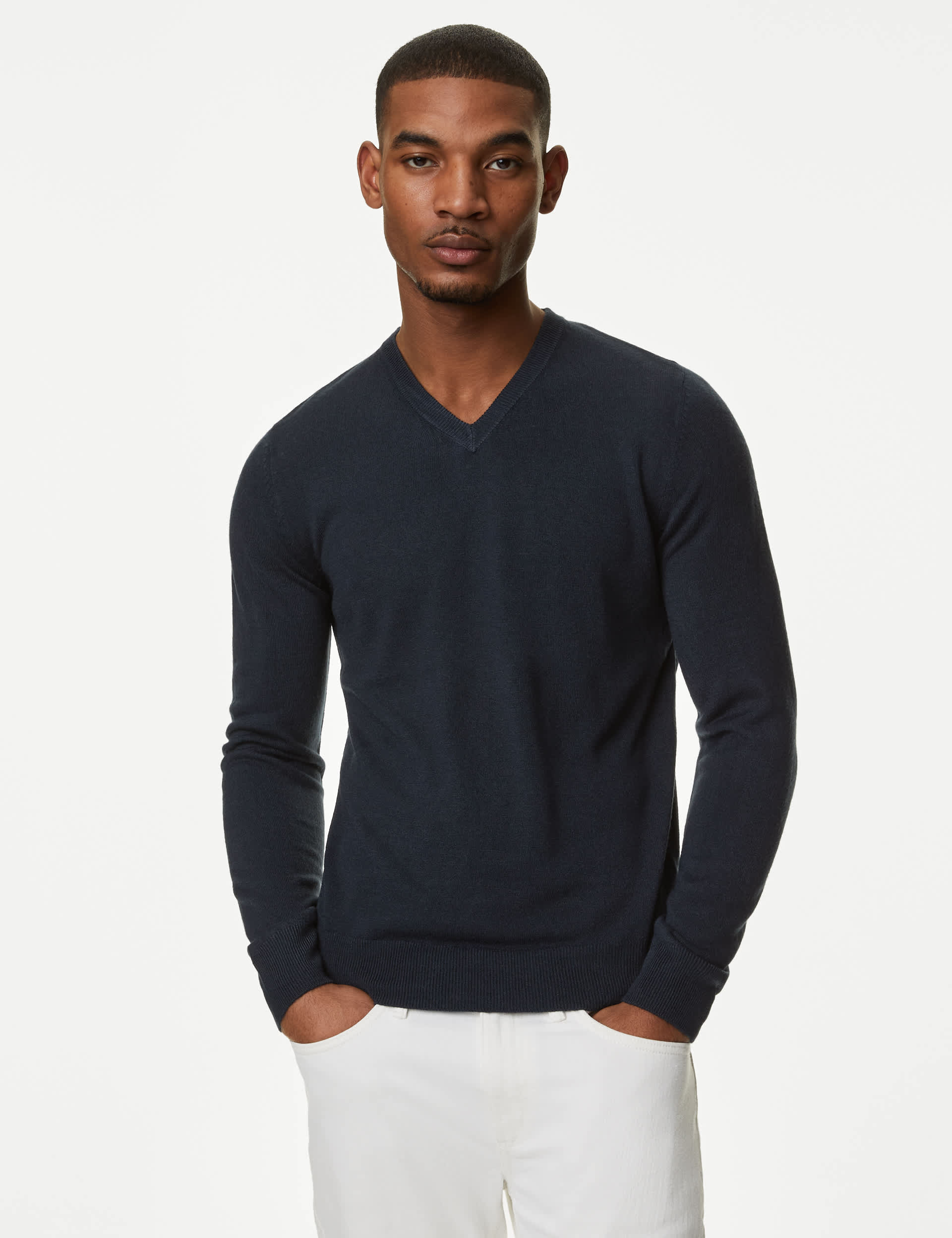 M&S Men's Cashmilon V-Neck Jumper - LREG - Navy, Navy,Denim,Black,Burgundy