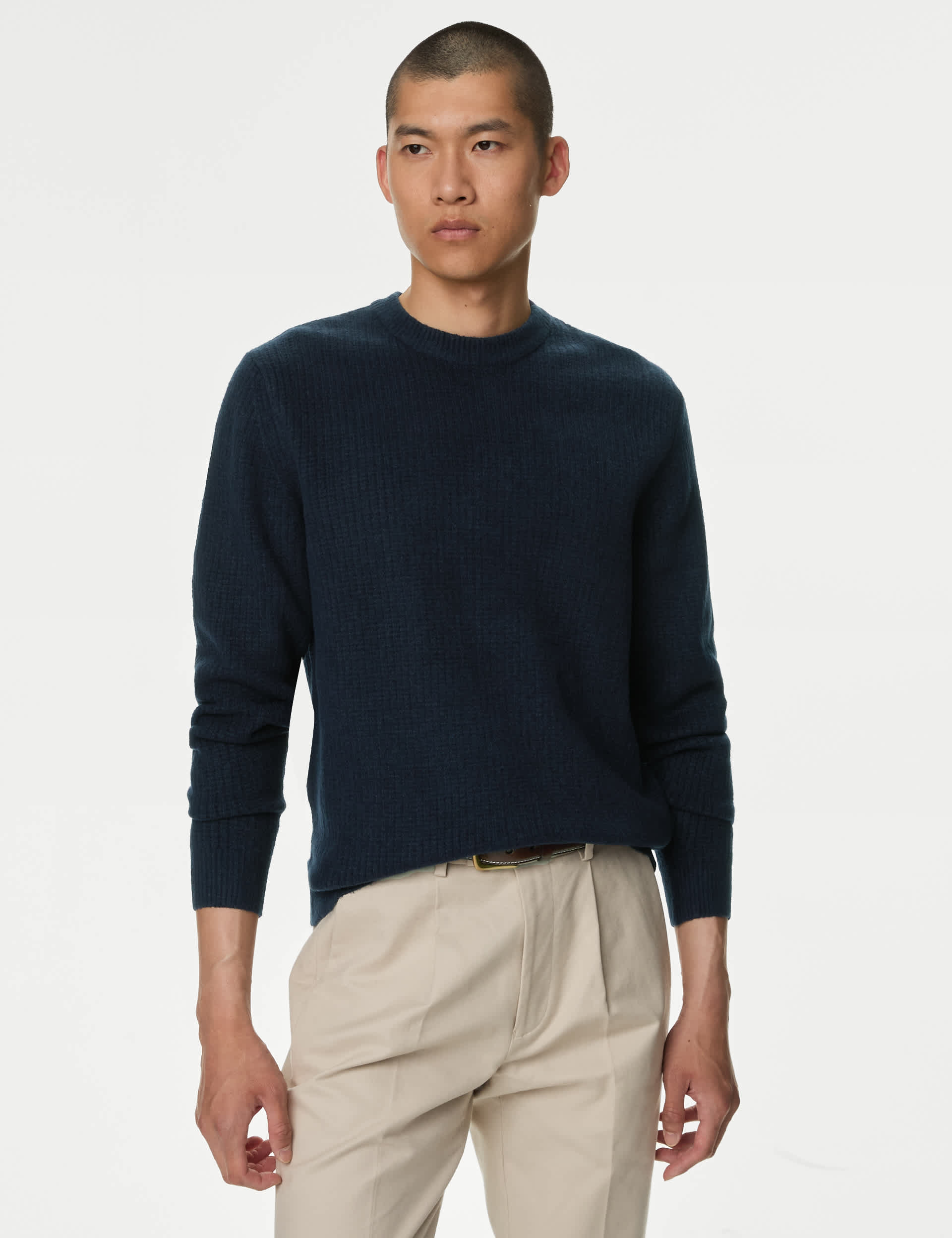 M&S Men's Crew Neck Jumper with Wool - MREG - Dark Navy, Air Force Blue,Ecru,Bottle Green,Medium Bro