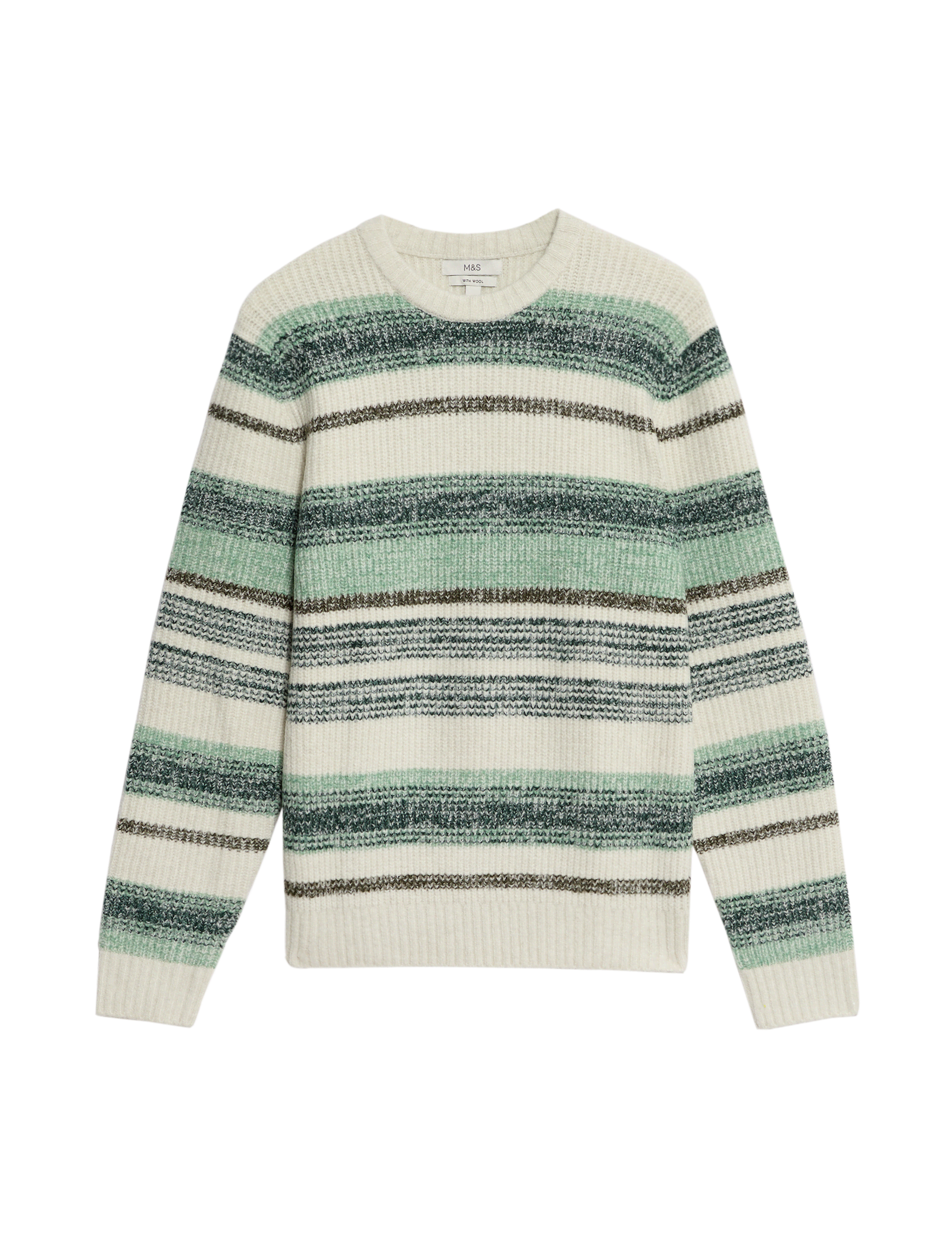 M&S Collection Men's Supersoft Striped Crew Neck Jumper with Wool - LREG - Light Green Mix, Navy Mix