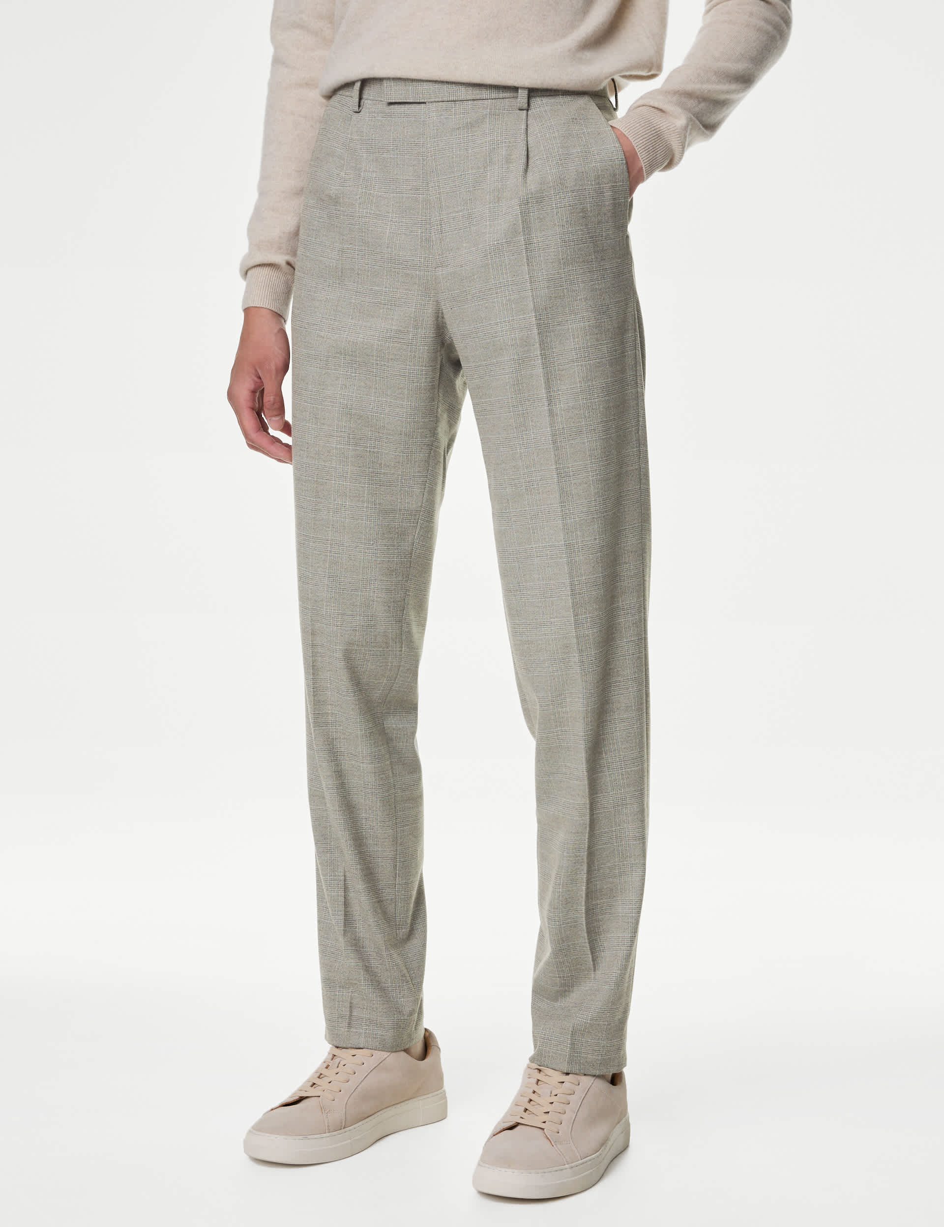 M&S Men's Tailored Fit Checked Single Pleat Trousers