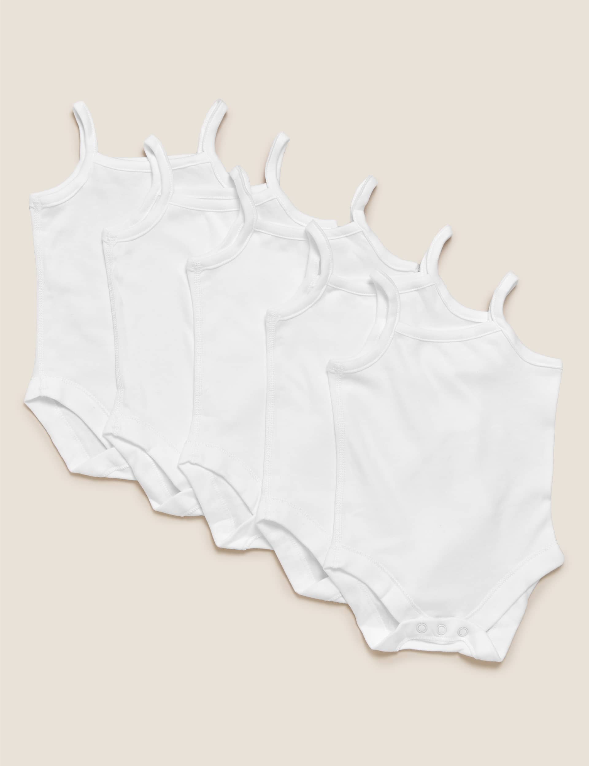 M&S 5pk Pure Cotton Strappy Bodysuits (6lbs-3 Yrs) - 18-24 - White, White