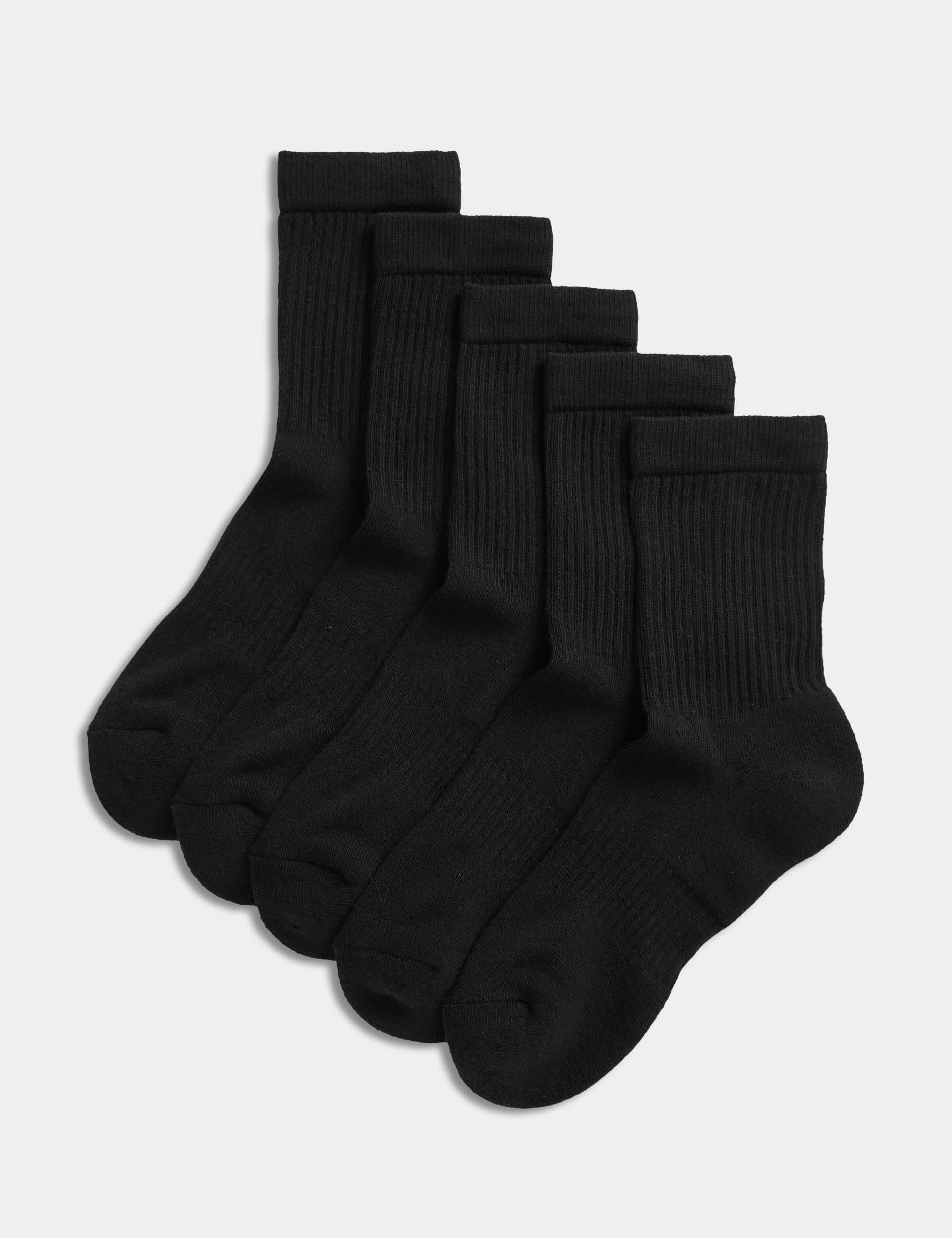 M&S 5pk Cotton Rich Sports Socks (6 Small - 10.5 Large) - 12+3+ - Black, Black,White