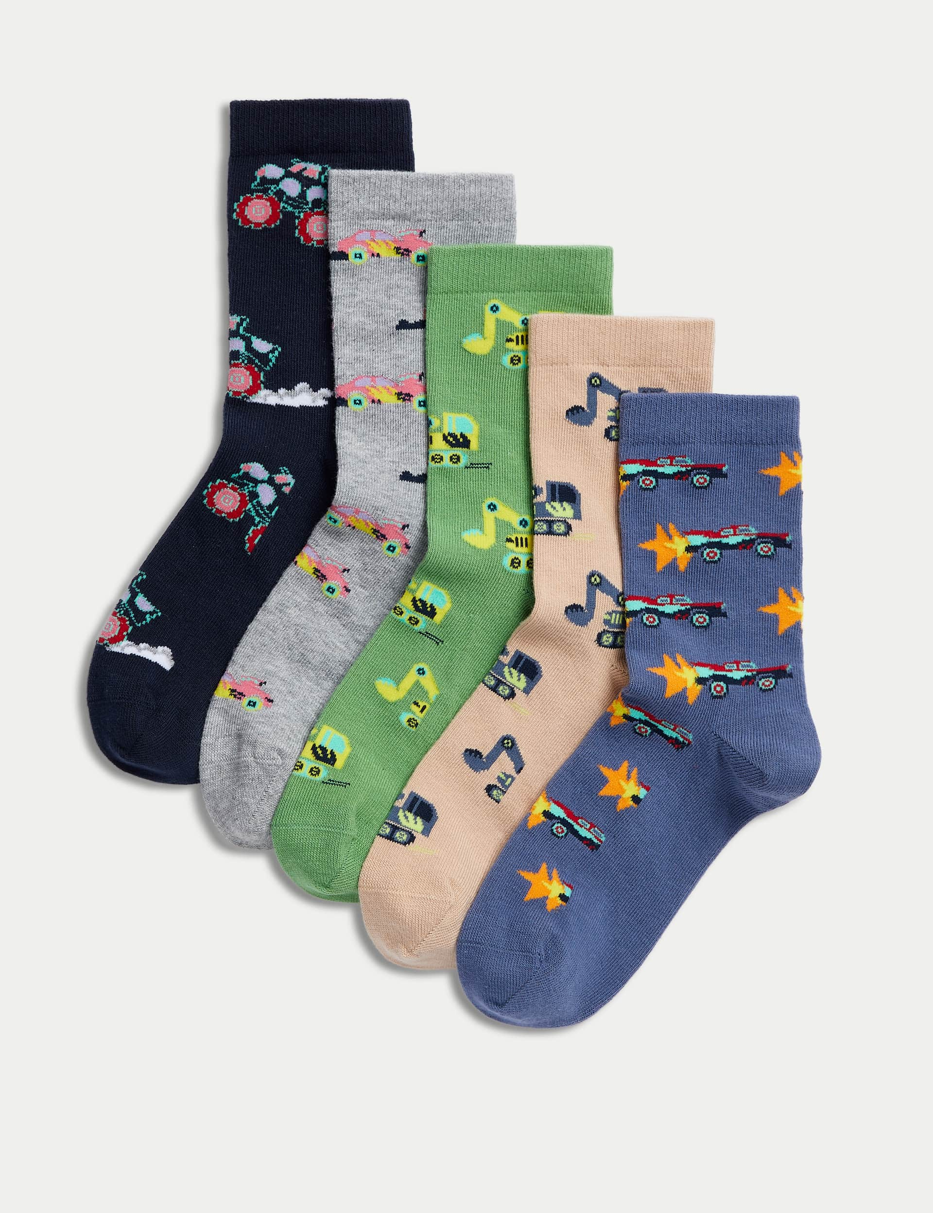 M&S 5pk Cotton Rich Transport Socks - 4-7 - Multi, Multi