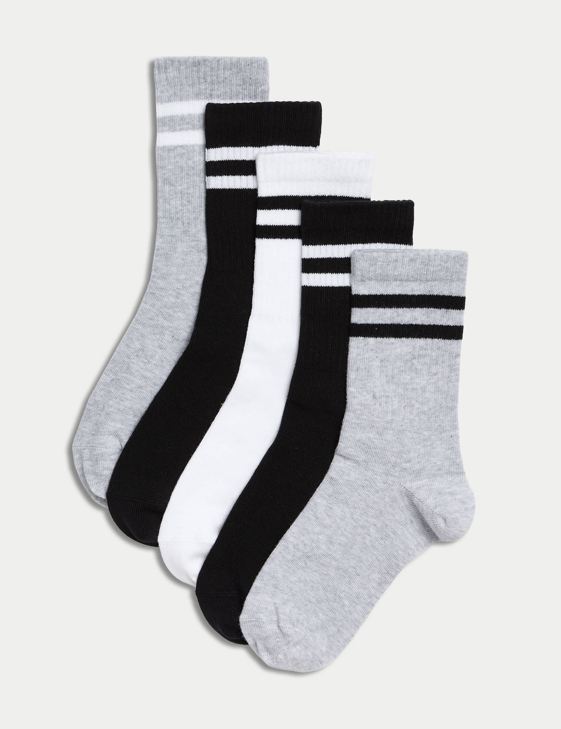 M&S 5pk Cotton Rich Ribbed Striped Sport Socks - 6-8+ - White Mix, White Mix