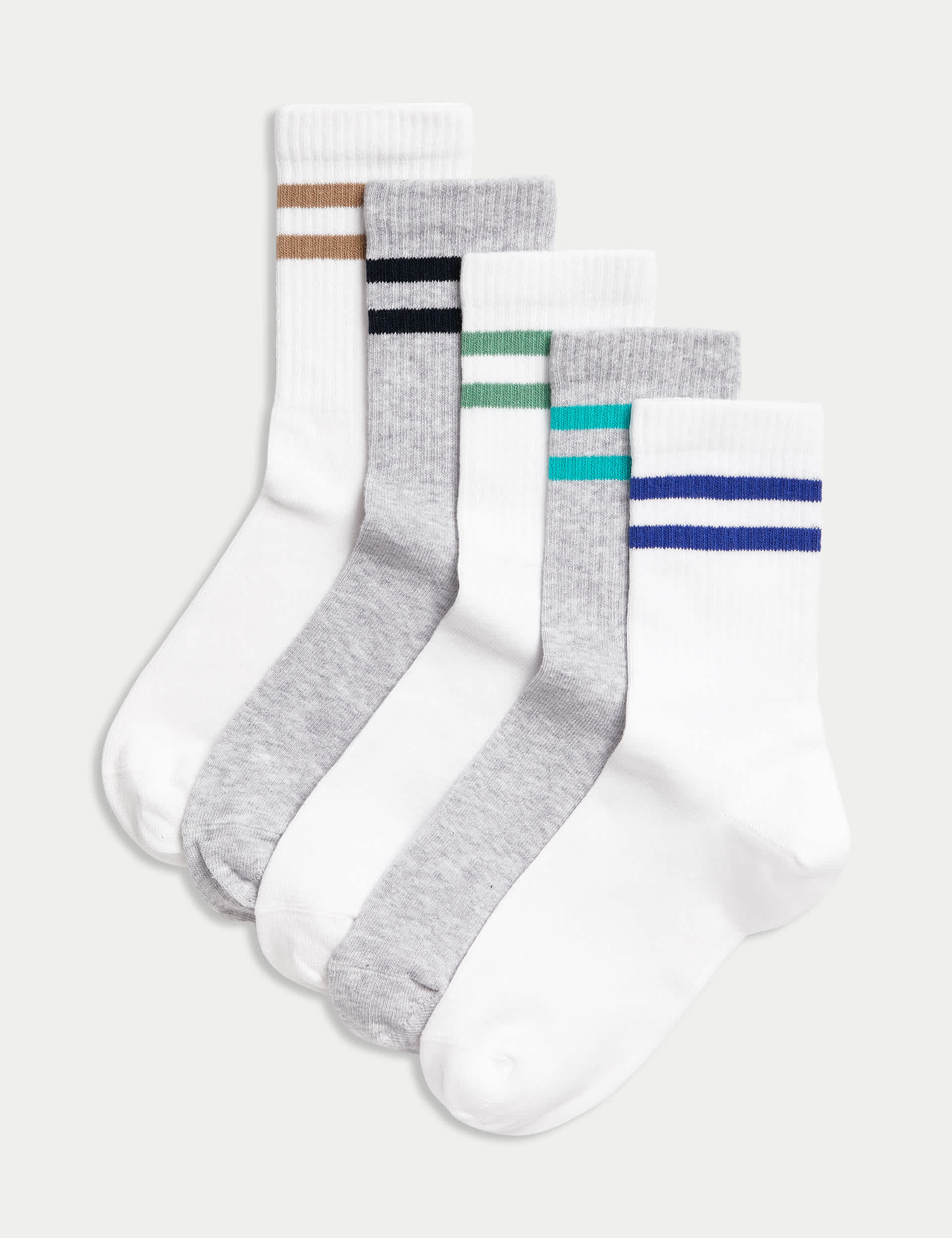 M&S 5pk Cotton Rich Ankle Ribbed Stripe Sport Socks (6 Small - 7 Large) - 12+3+ - Multi, Multi