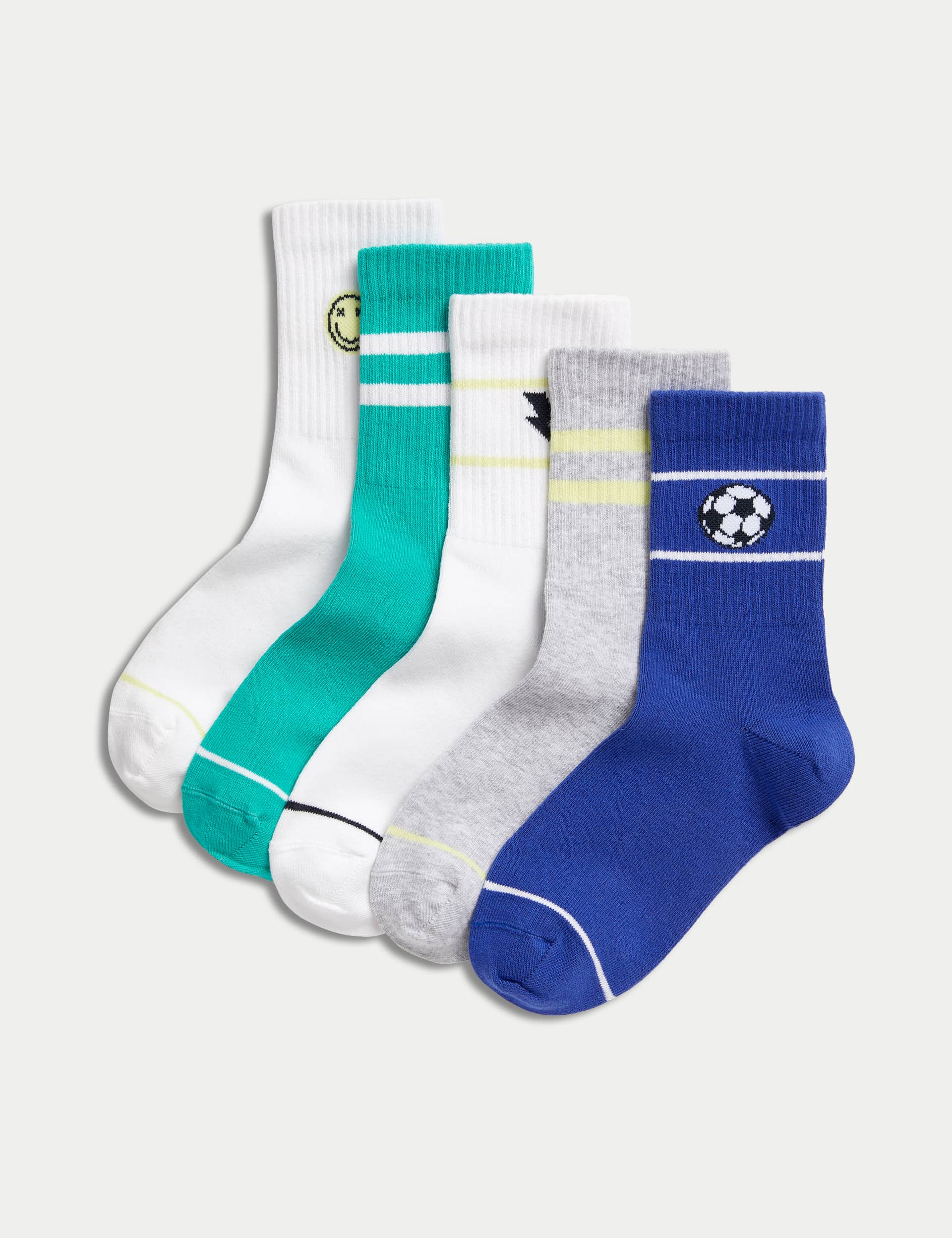 M&S Boys 5pk Cotton Rich Ribbed Sports Icons Sport Socks - 4-7 - Multi, Multi