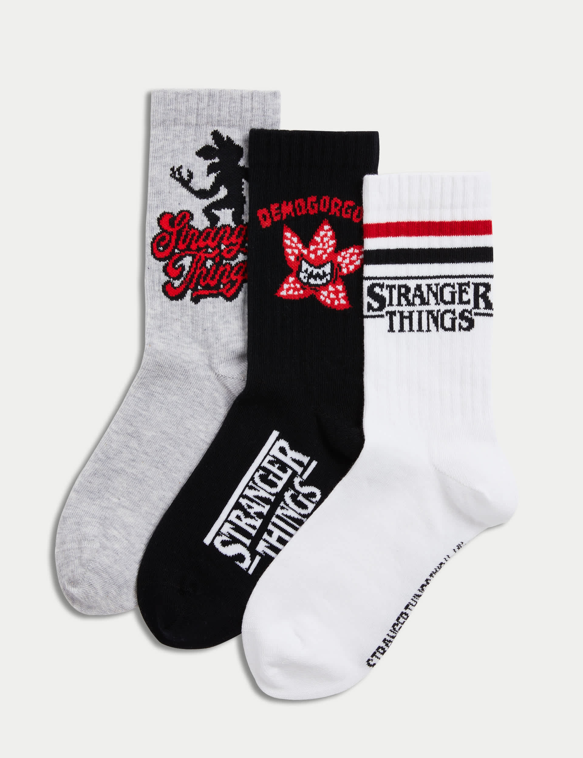 M&S 3pk Cotton Blend Stranger Things Ribbed Sport Socks (12.5 Large - 7 Large) - 12+3+ - Multi, Mul