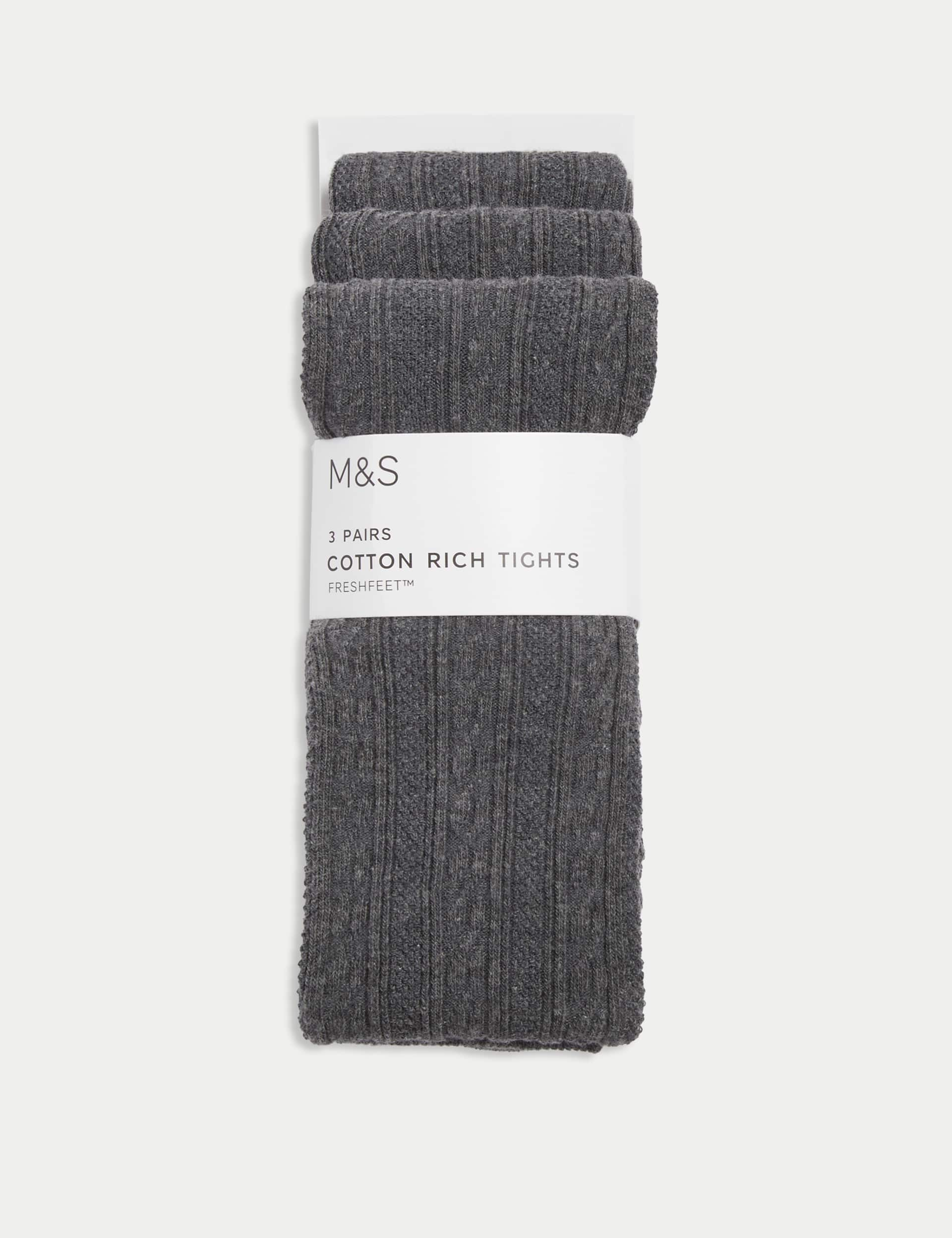 M&S Girls 3pk of Cable Knit Tights (2-16 Yrs) - 3-4 Y - Grey, Grey