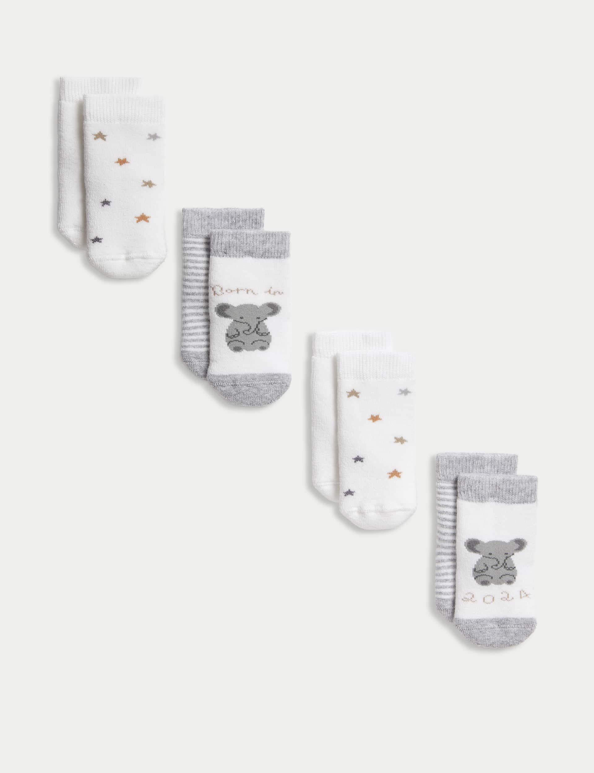 M&S 4pk Born in 2024 Socks - 6-12 - White Mix, White Mix