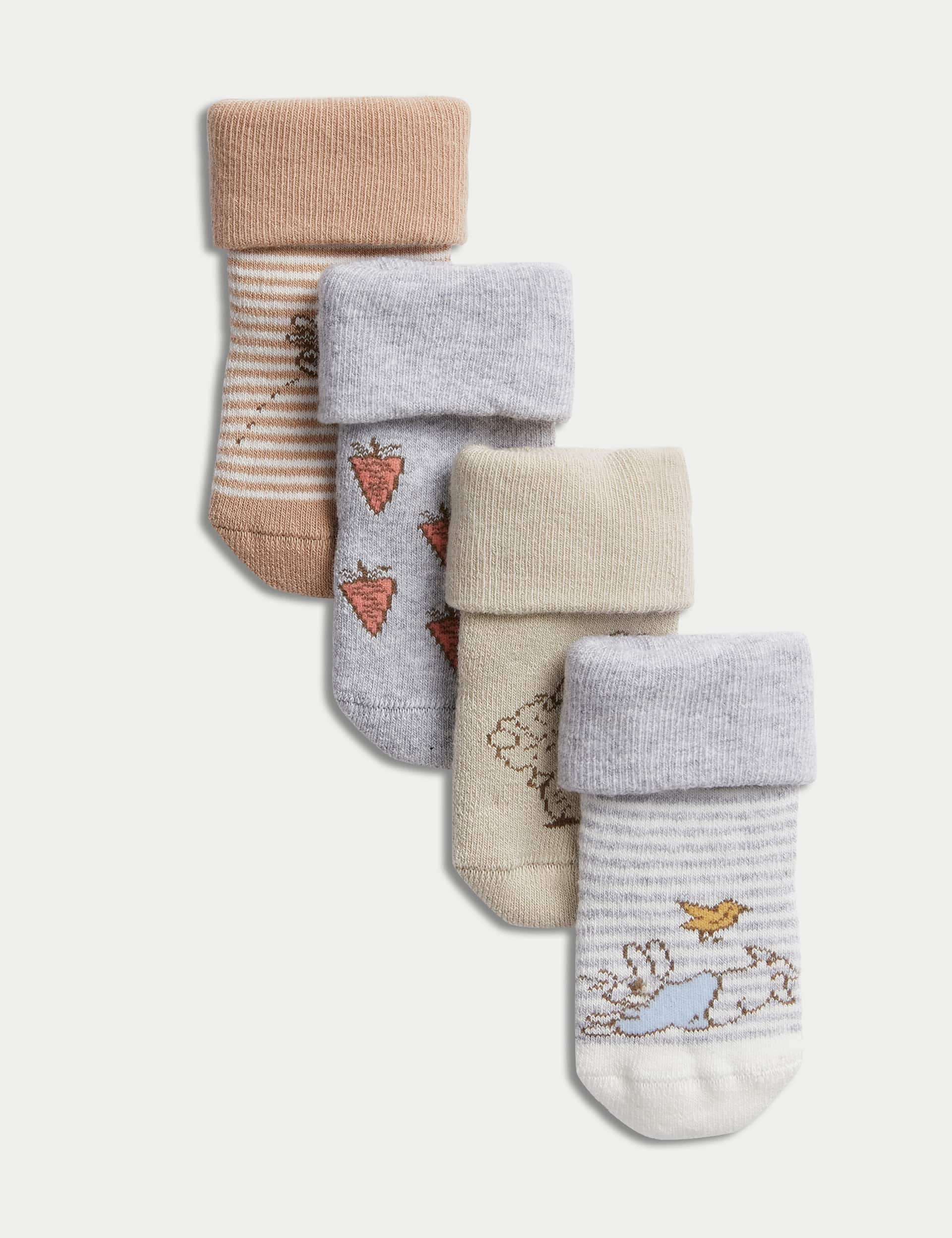 M&S 4pk Cotton Rich Peter Rabbit Baby Socks (7lbs-12 Mths) - 6-12 - White Mix, White Mix